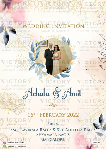 Wedding ceremony invitation card of hindu south indian kannada family in English language with floral couple photo theme design 1700