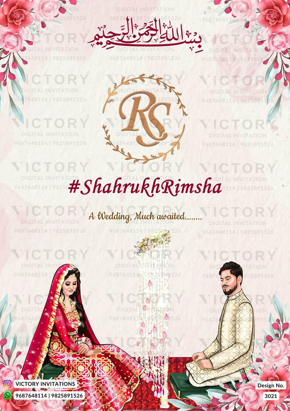 Traditional couple caricature invitation card for Islamic Nikah ceremony of Muslim family in english language with floral theme design 3021