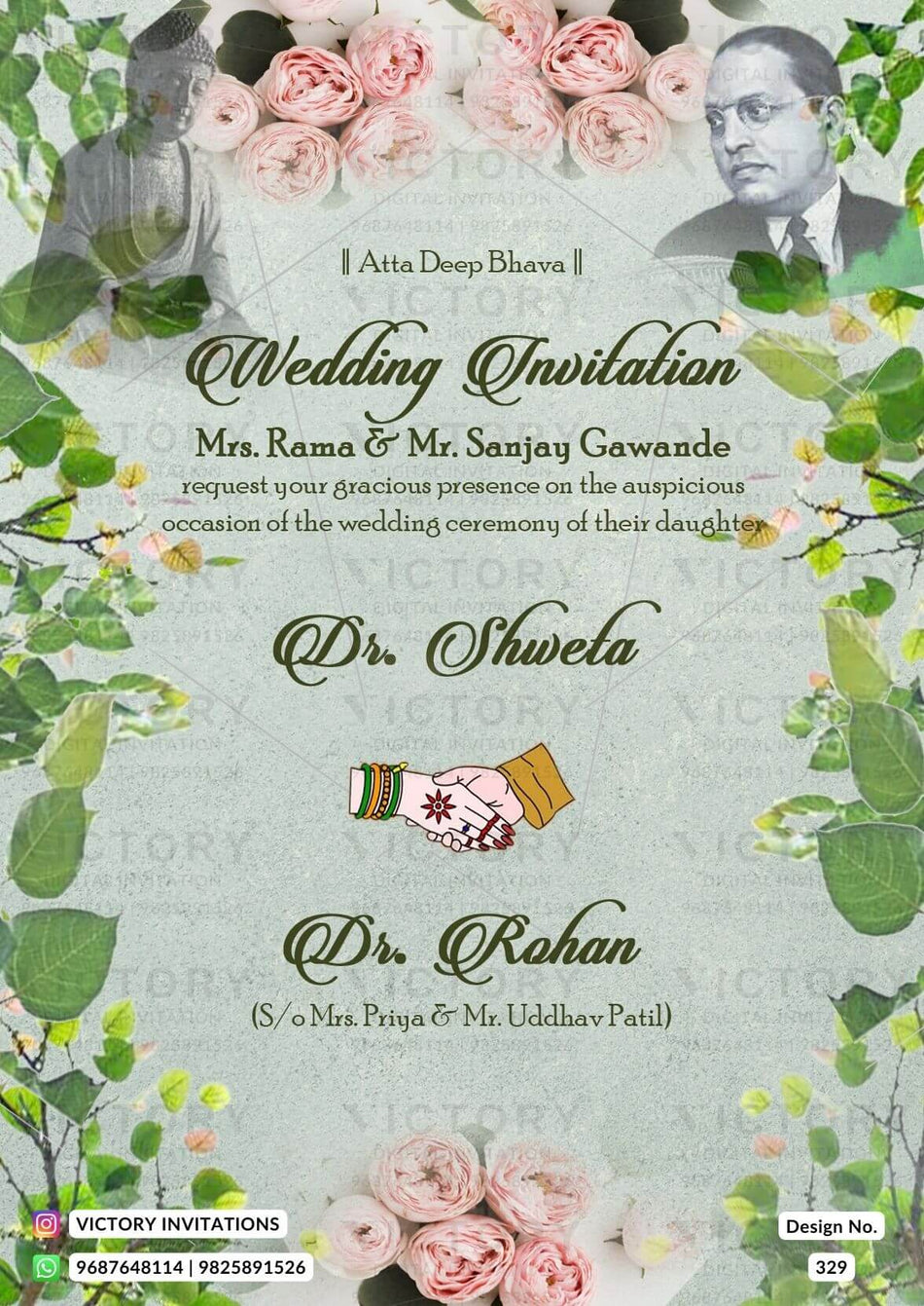 Buddhist Wedding ceremony invitation card of buddha family in english language with floral theme design 329