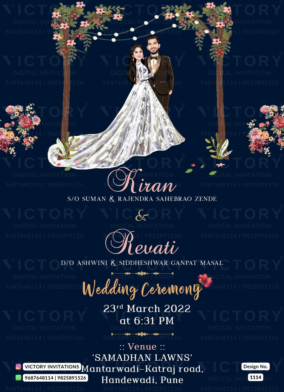 Romantic couple caricature invitation card for Christian wedding ceremony of Catholic church family in english language with floral theme design 1114