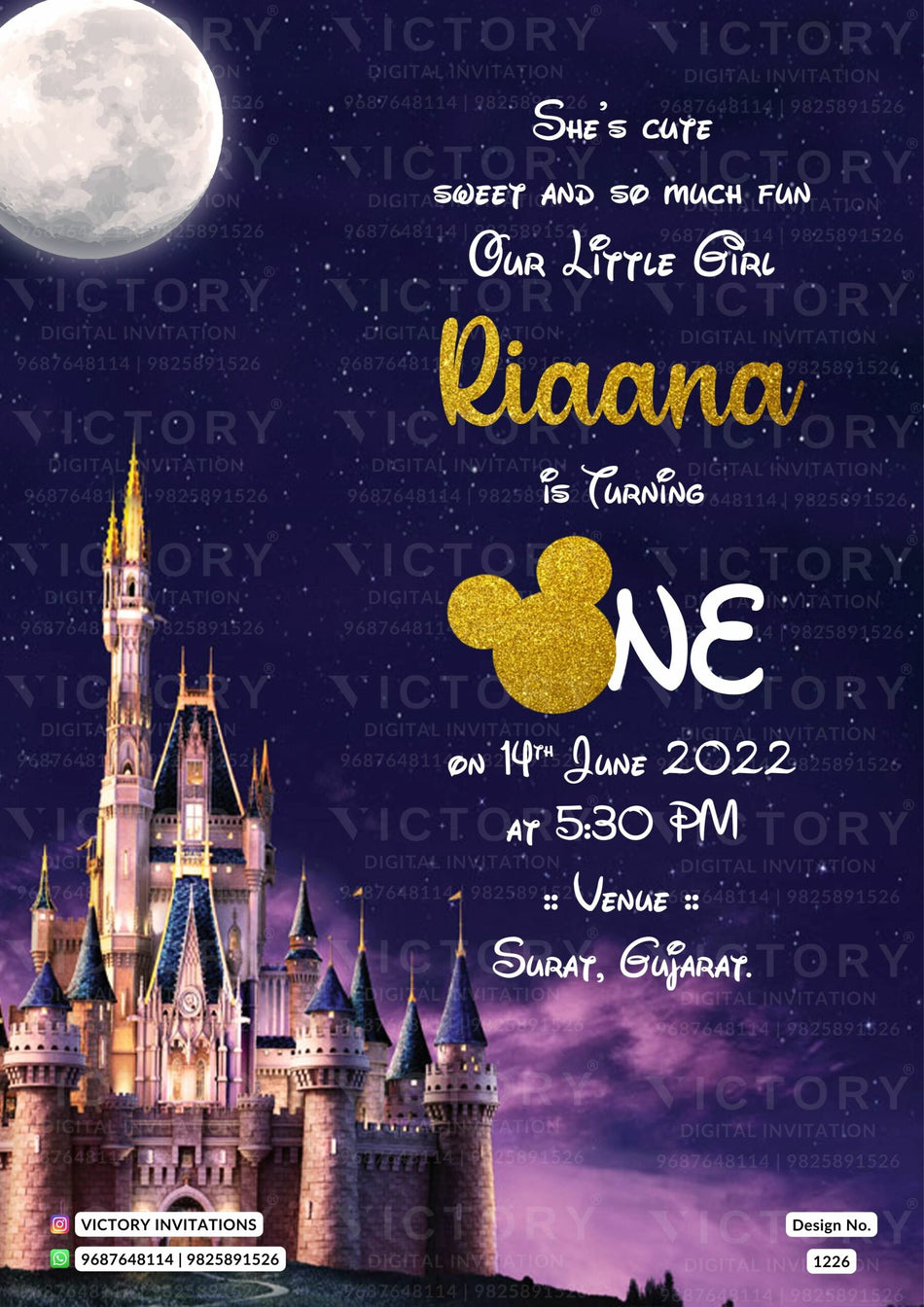 Birthday party invitation card for girl in english language with moon as disney theme design 1226