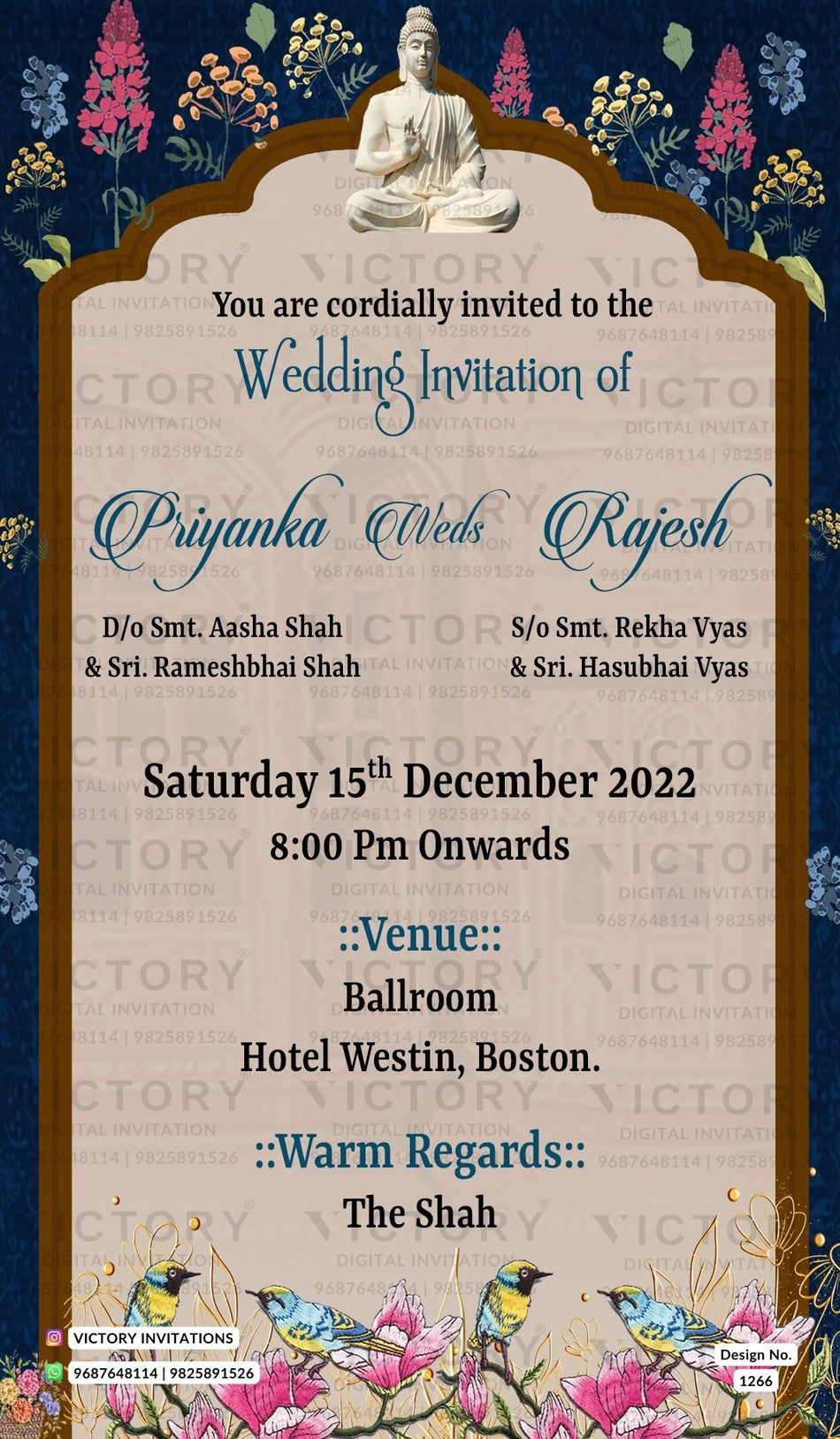 Buddhist Wedding ceremony invitation card of buddha family in english language with Traditional arch theme design 1266