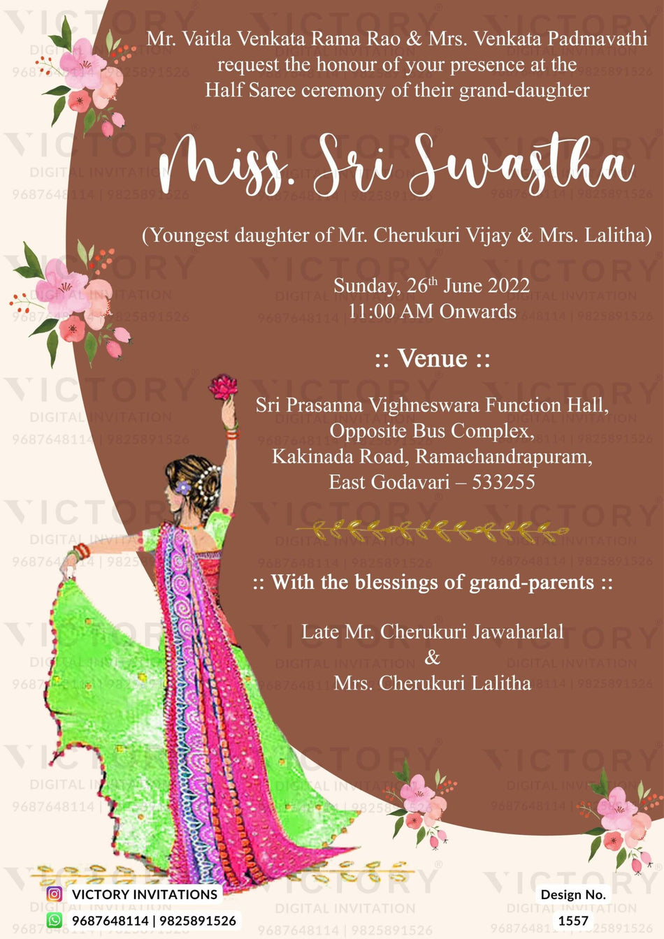 A Majestic Half Saree Ceremony of Spring Wood Backdrop, Rounded Shape, and a Girl Doodle, flowers, lush leaves, Design no. 1557