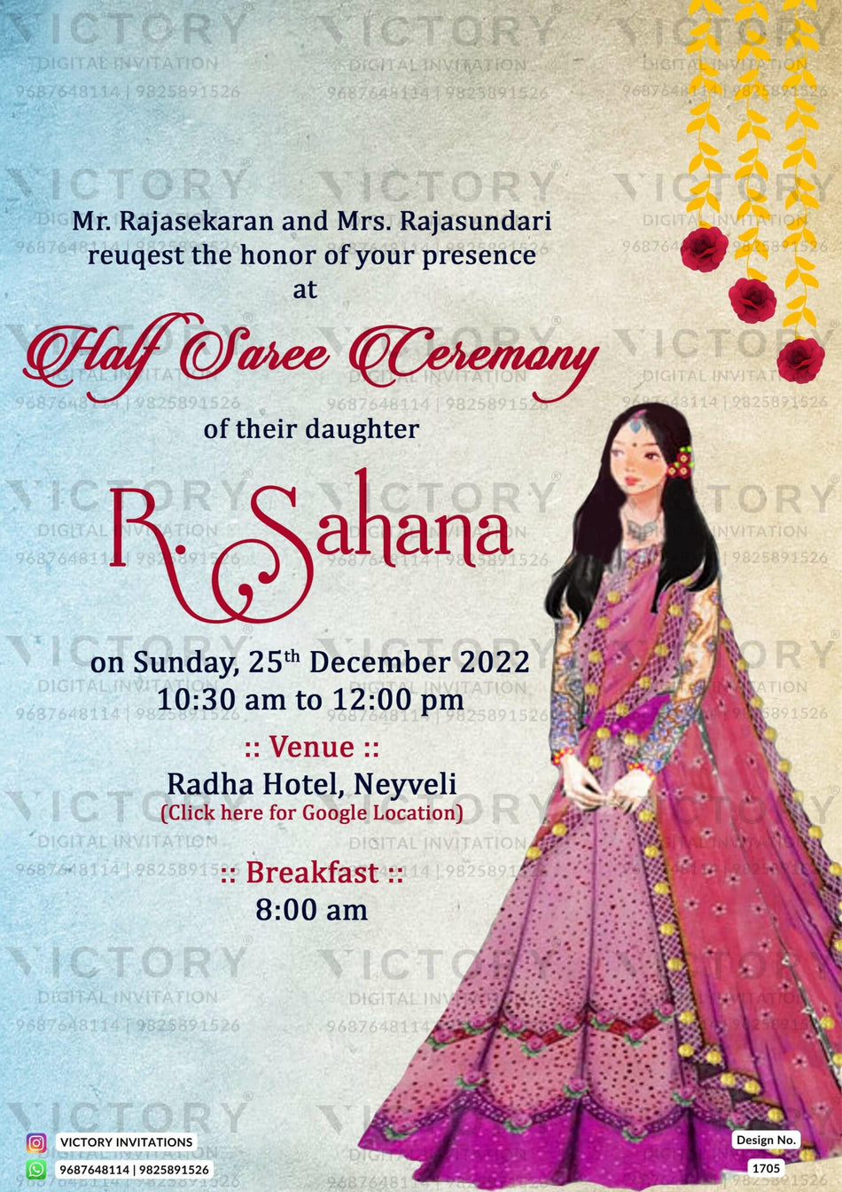 Half Saree ceremony invitation card in english language with vintage theme design 1705