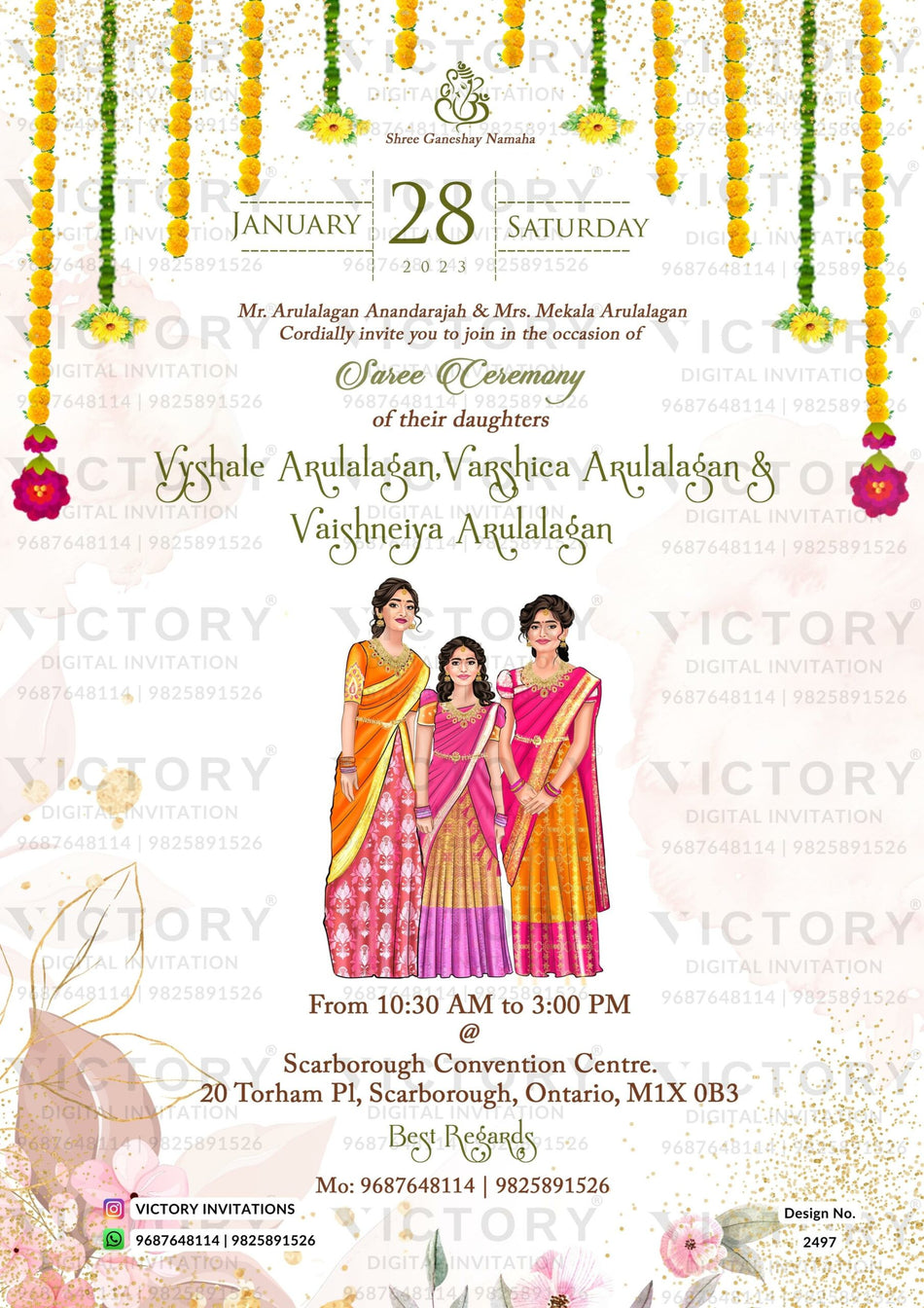 A Beautiful Saree Ceremony Invitation with Delicate Floral Motifs, Gold Outlined Poppy Accents, and Classic Caricature Illustration for a Hindu-Indian Celebration. Design no. 2497