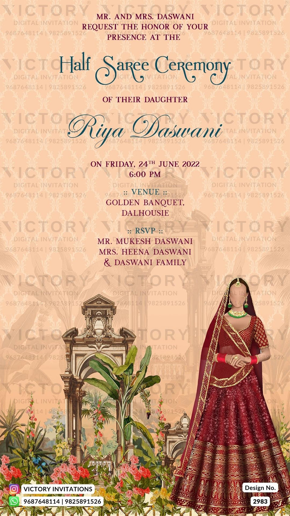 "Embrace Tradition with Our Exquisite Half Saree Invitation Card Featuring a Stunning Doodle in Red Saree and a Picturesque Garden with Butterflies and Palm Trees on a Peach Orange Background" Design no. 2983