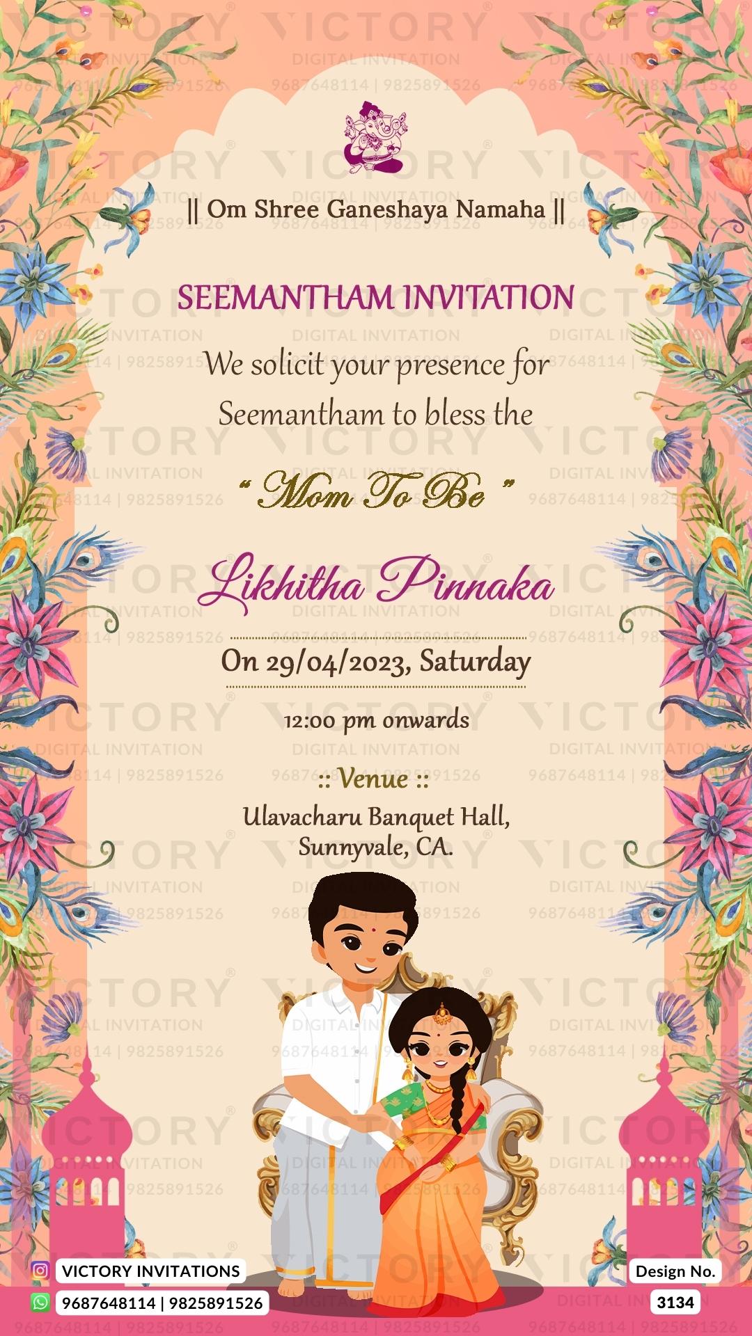 Seemantham Baby Shower ceremony invitation card in english language with leaves, couple doodle as traditional theme design 3134