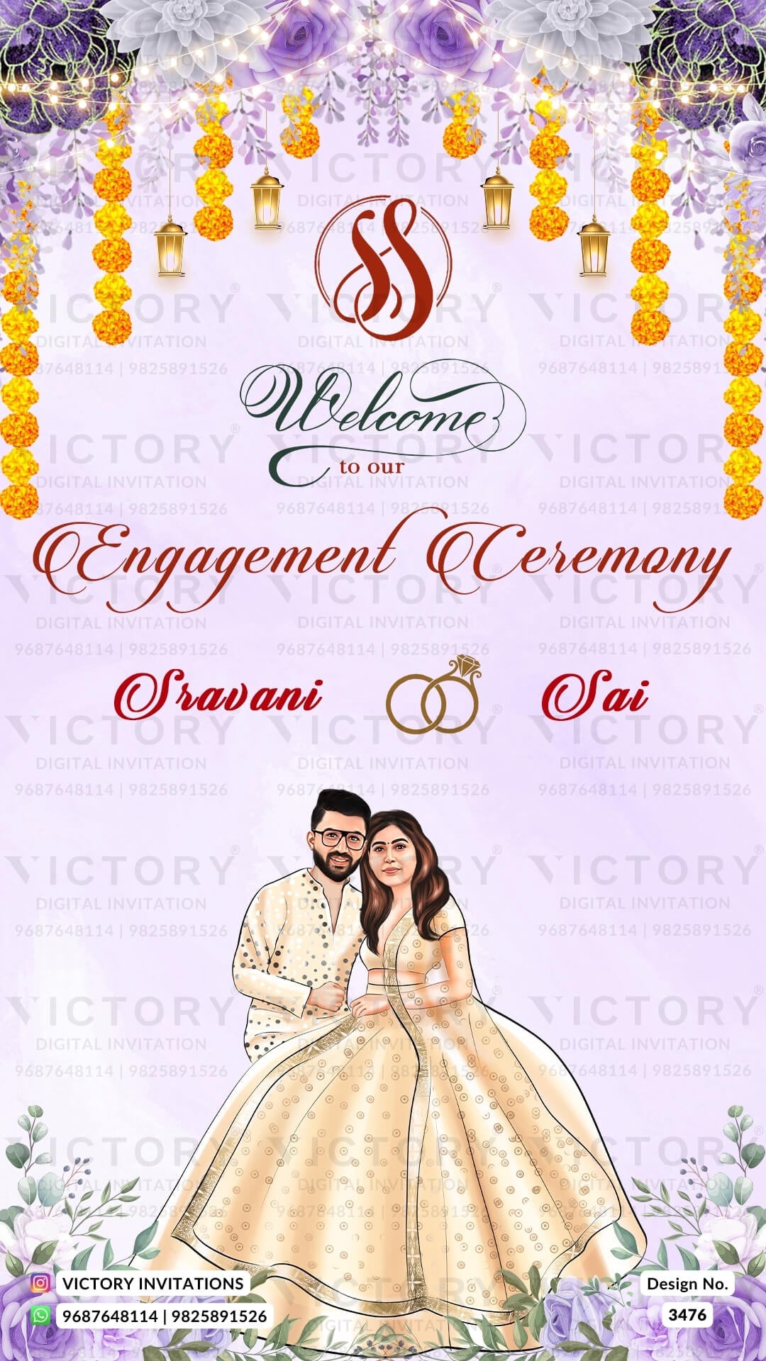 sitting romantic couple caricature invitation card for Engagement cere –  Victory Invitations