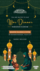 Iftar Party invitation card in english language with muslim family doodle, masjid as night view theme design 3607
