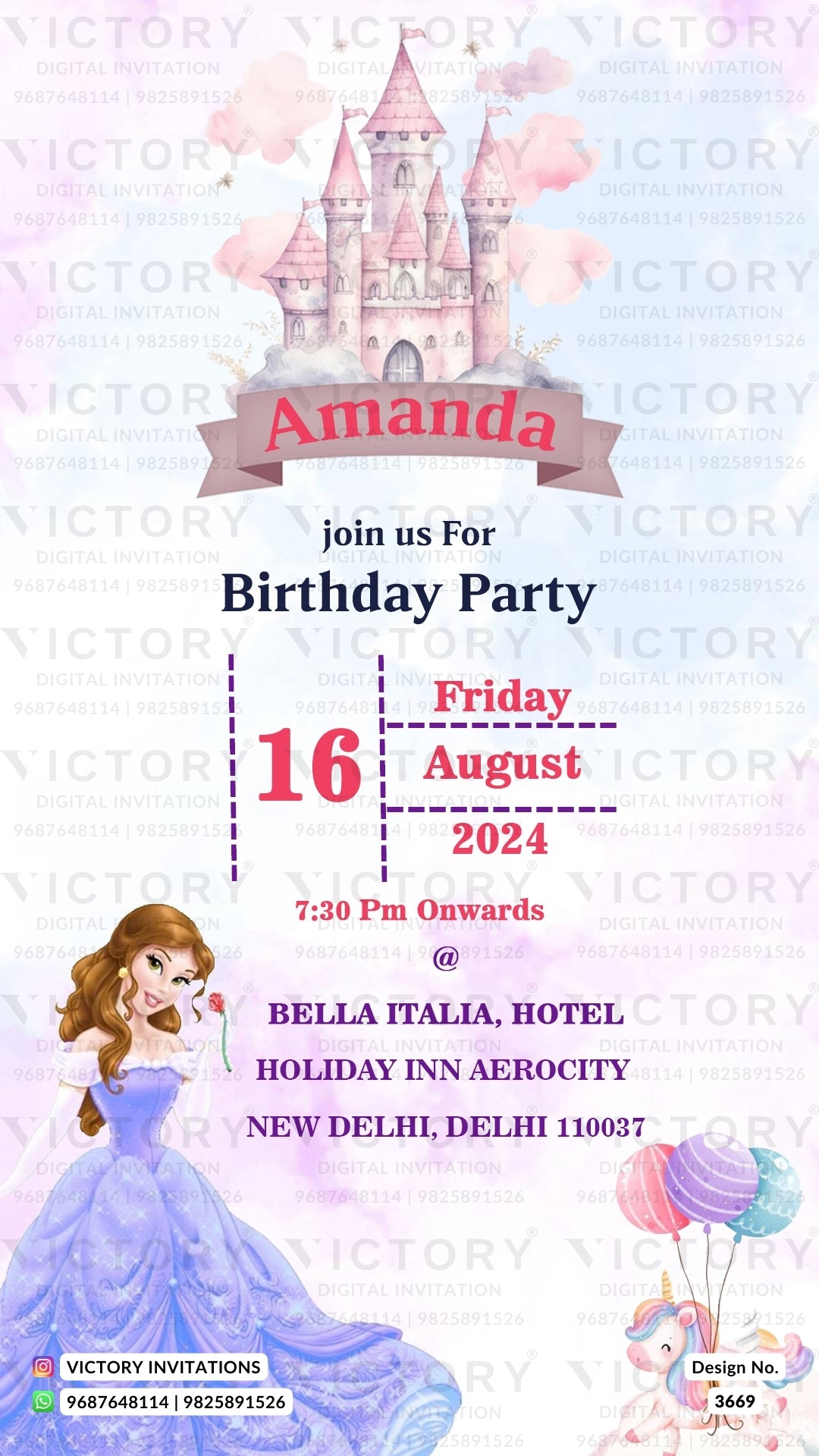 Birthday party invitation card for girl in English language with barbie  theme design 3669