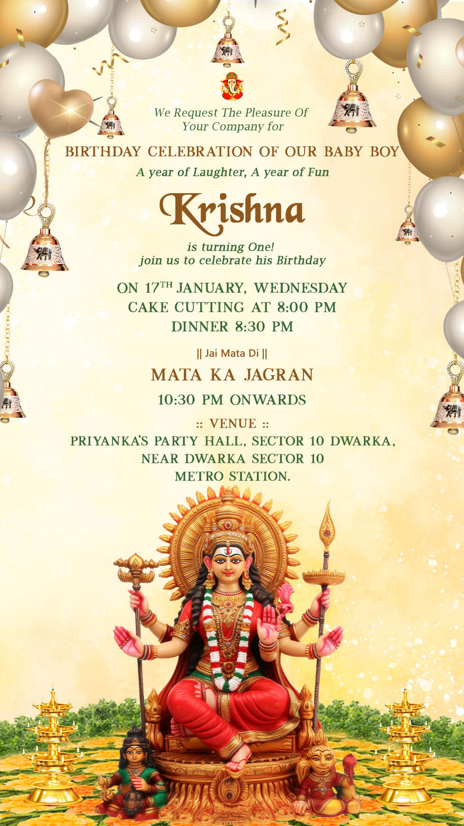 Mata ki chowki and birthday party invitation card in english language with durga mata image as balloons theme design 3732