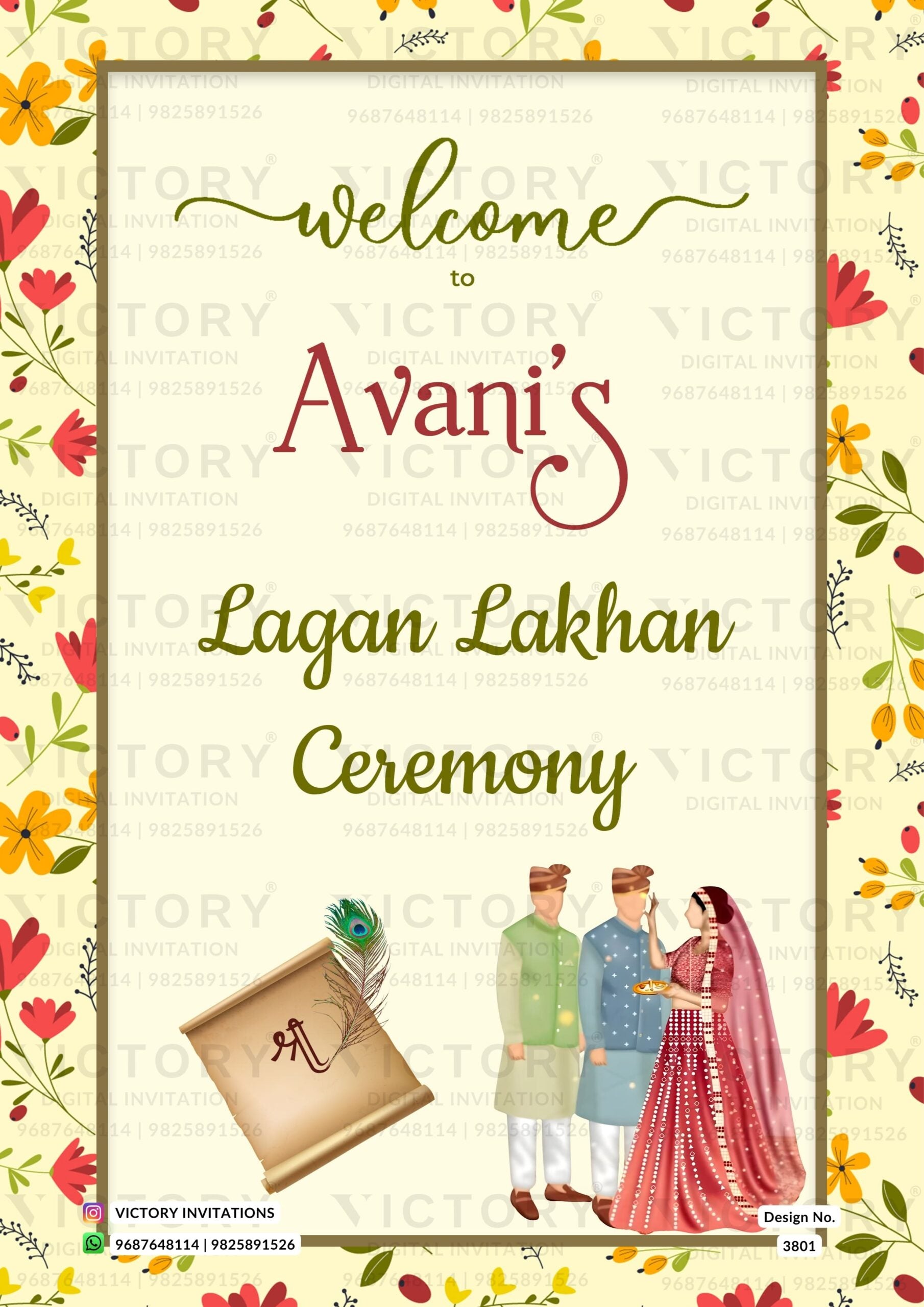 Lagan Lekhan Welcome Standee design for Wedding in english language with peacock feather, doodle as floral theme design 3801