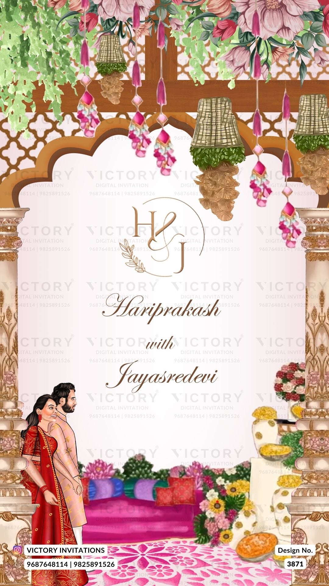 Traditional couple caricature invitation card for wedding ceremony