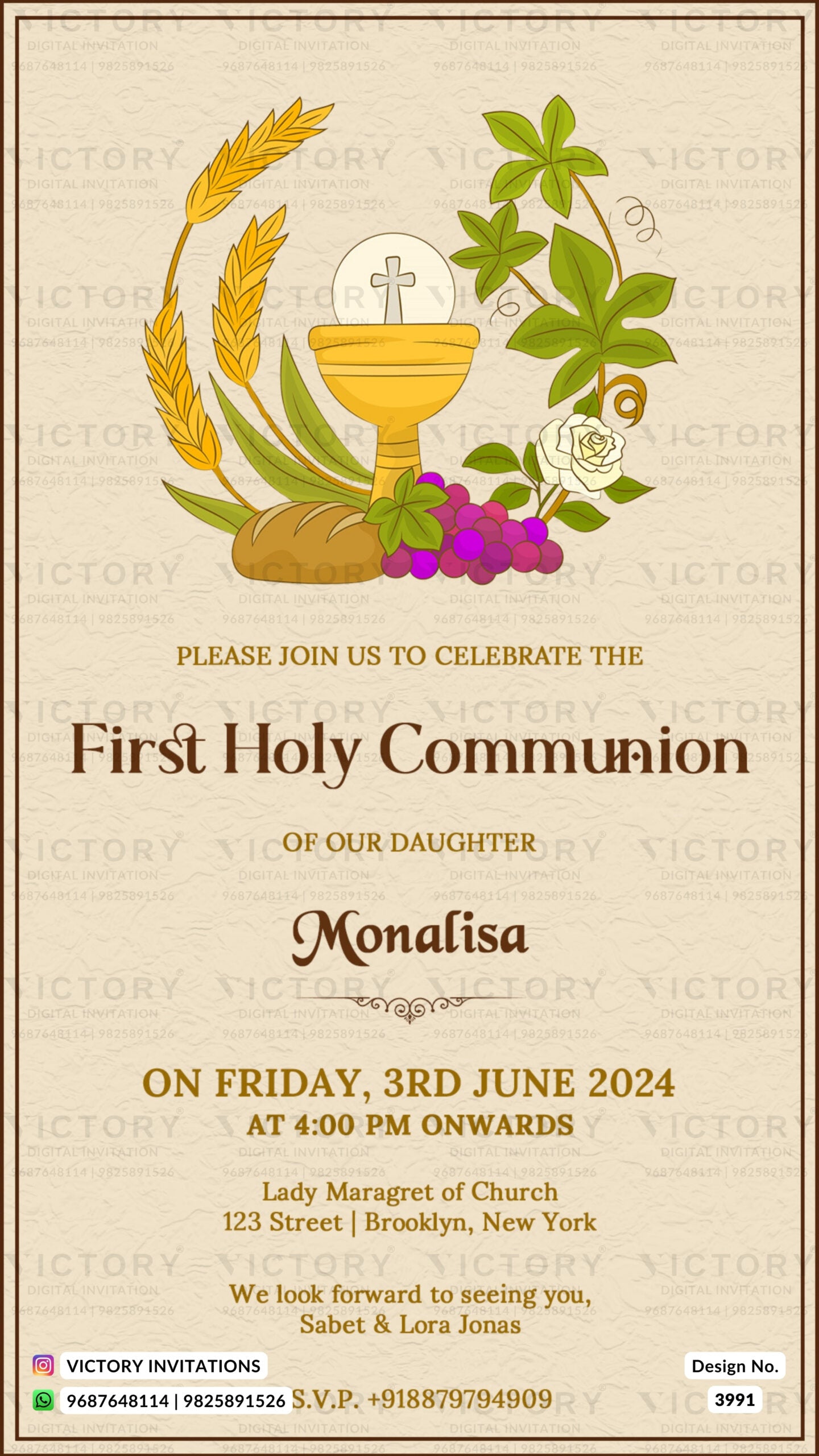 First holy communion ceremony invitation card in english language with  minimalistic theme design 3991