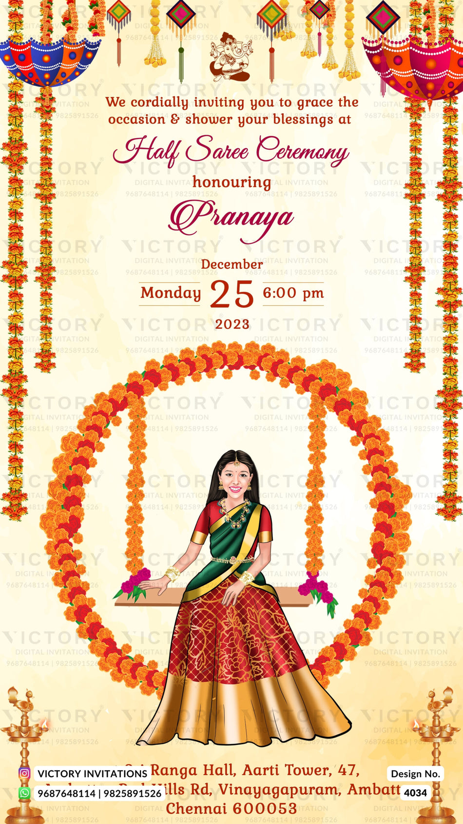 Young girl caricature invitation card for half saree ceremony in english language with floral theme design 4034