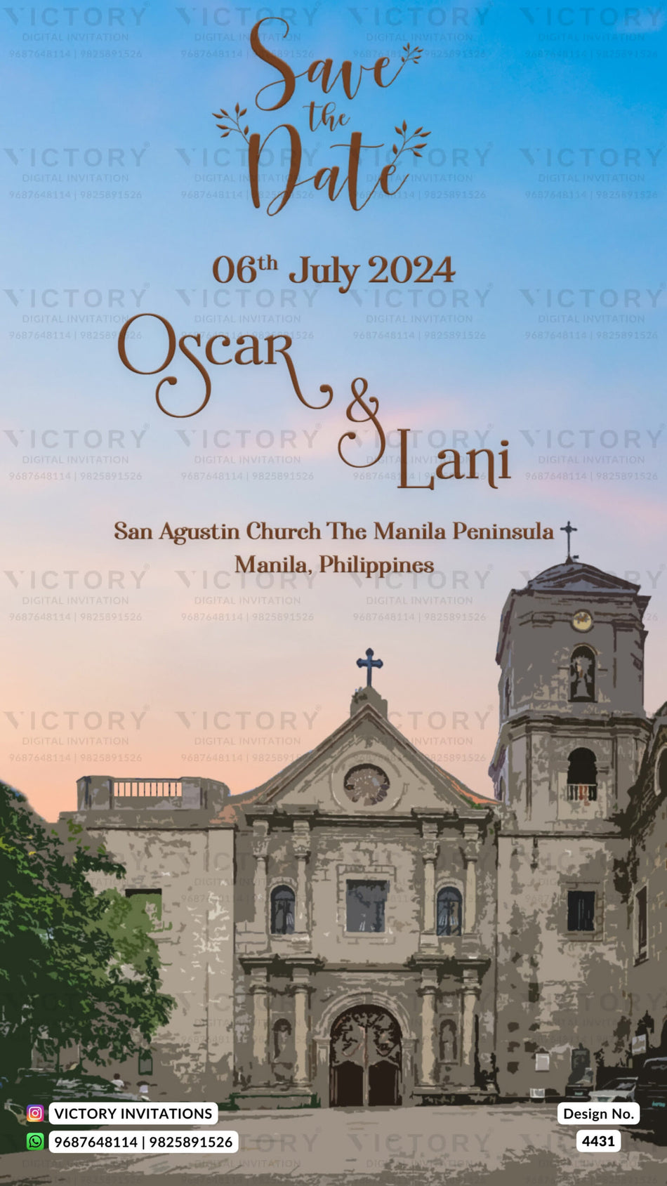 Stylish couple caricature invitation card for Christian wedding ceremony of Catholic church family in english language with bollywood theme design 4431