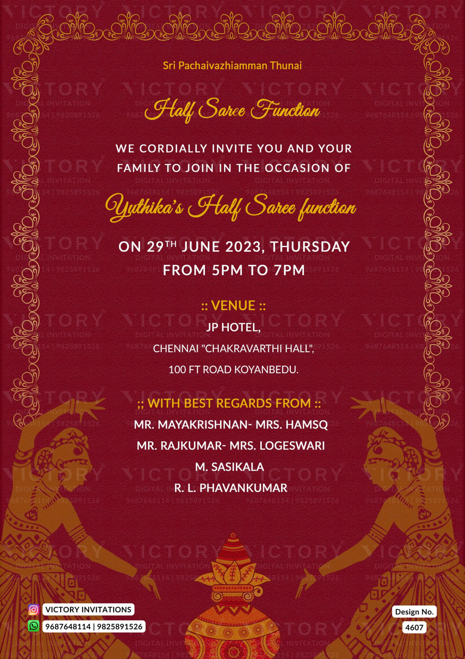 Half Saree ceremony invitation card in english language with traditional theme design 4607