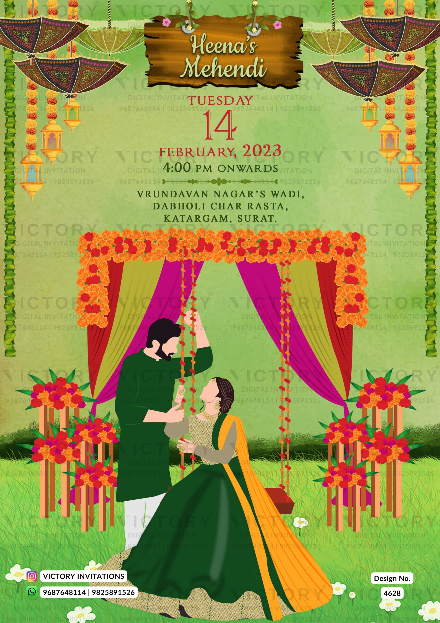 Mehendi Welcome Standee design in english language with umbrella, swing as traditional theme design 4628