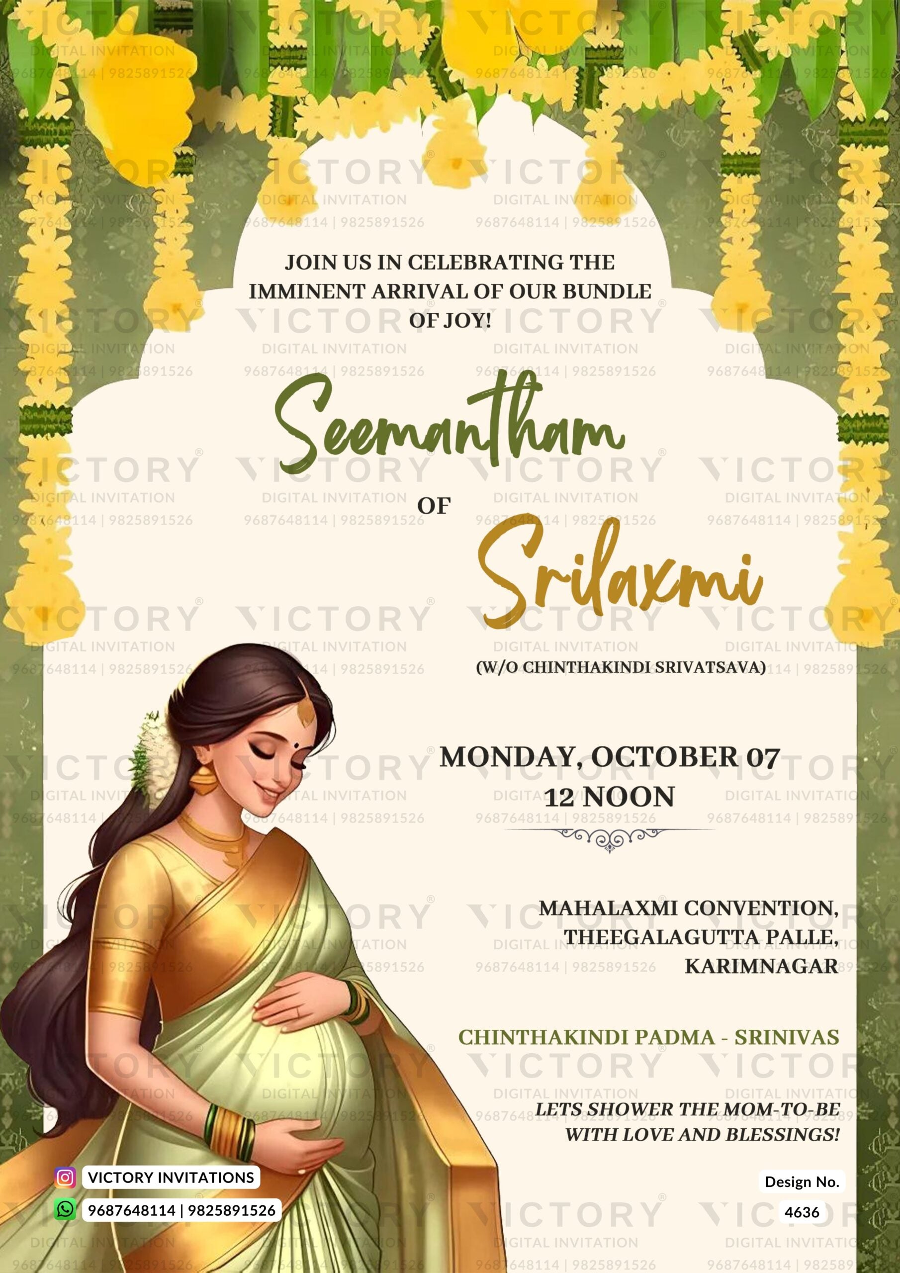 Seemantham Baby Shower ceremony invitation card in english language with flowers, girl doodle as arch theme design 4636