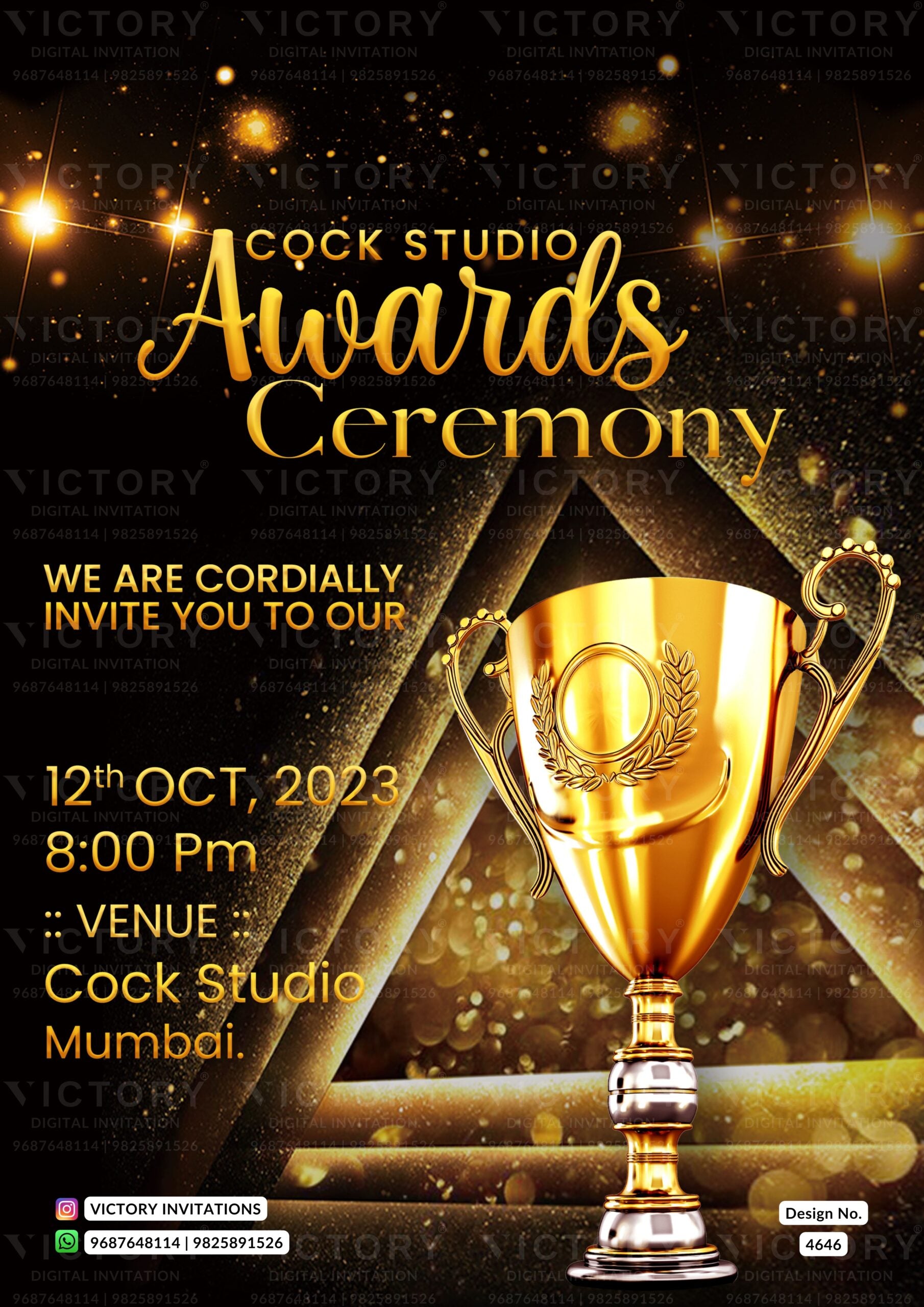 Award ceremony invitation card in english language with trophy as glittery theme design 4646