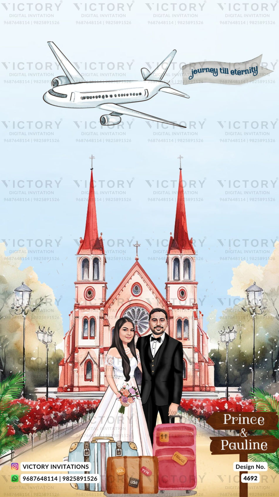 Stylish couple caricature invitation card for Christian wedding ceremony of Catholic church family in english language with destination theme design 4692