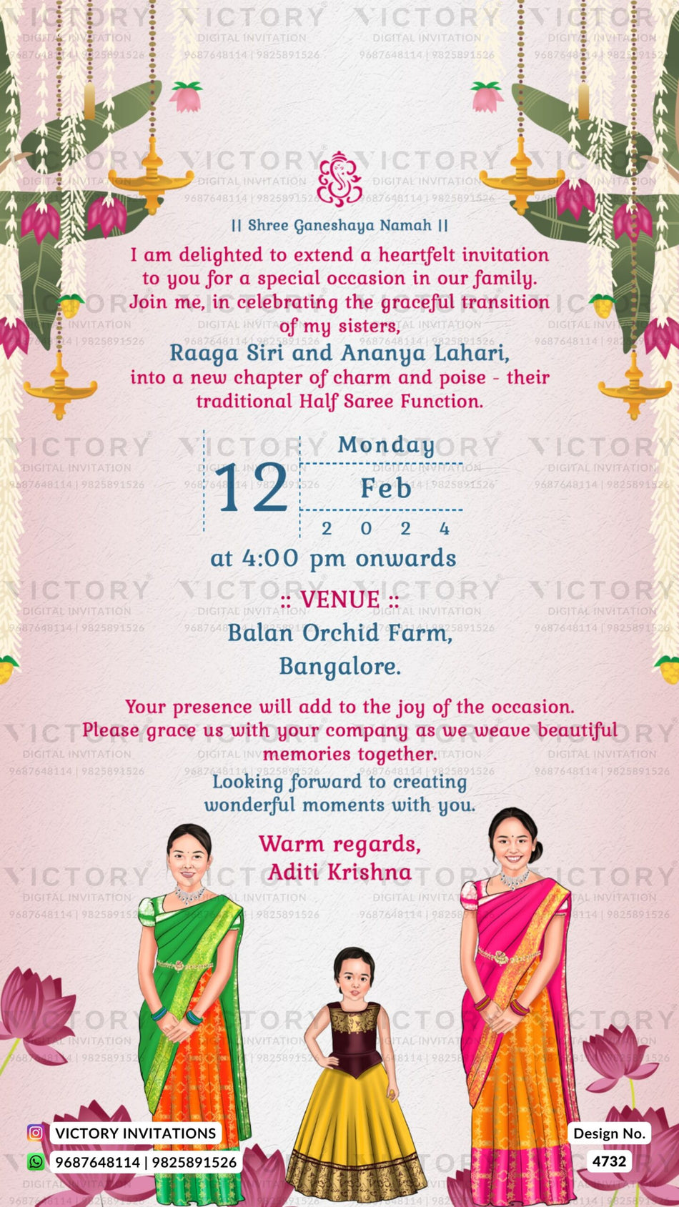 Young girl caricature invitation card for half saree ceremony in english language with floral theme design 4732