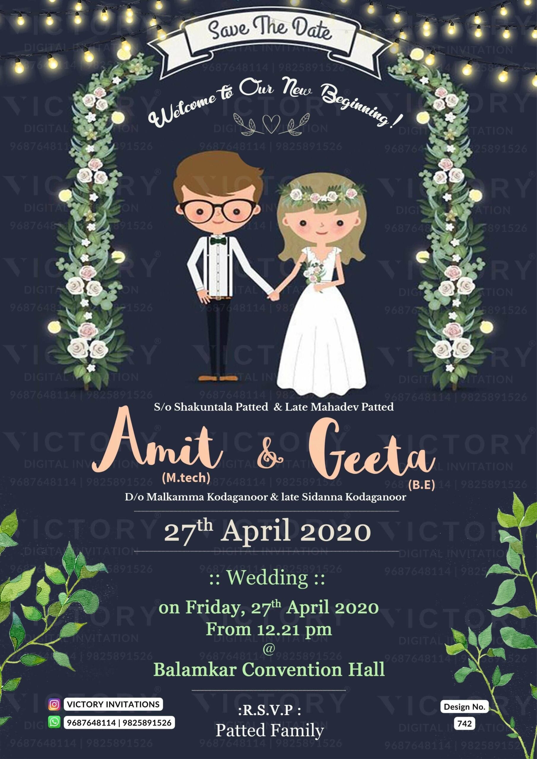 Wedding ceremony invitation card of hindu south indian kannada family in english language with Shining theme design 742