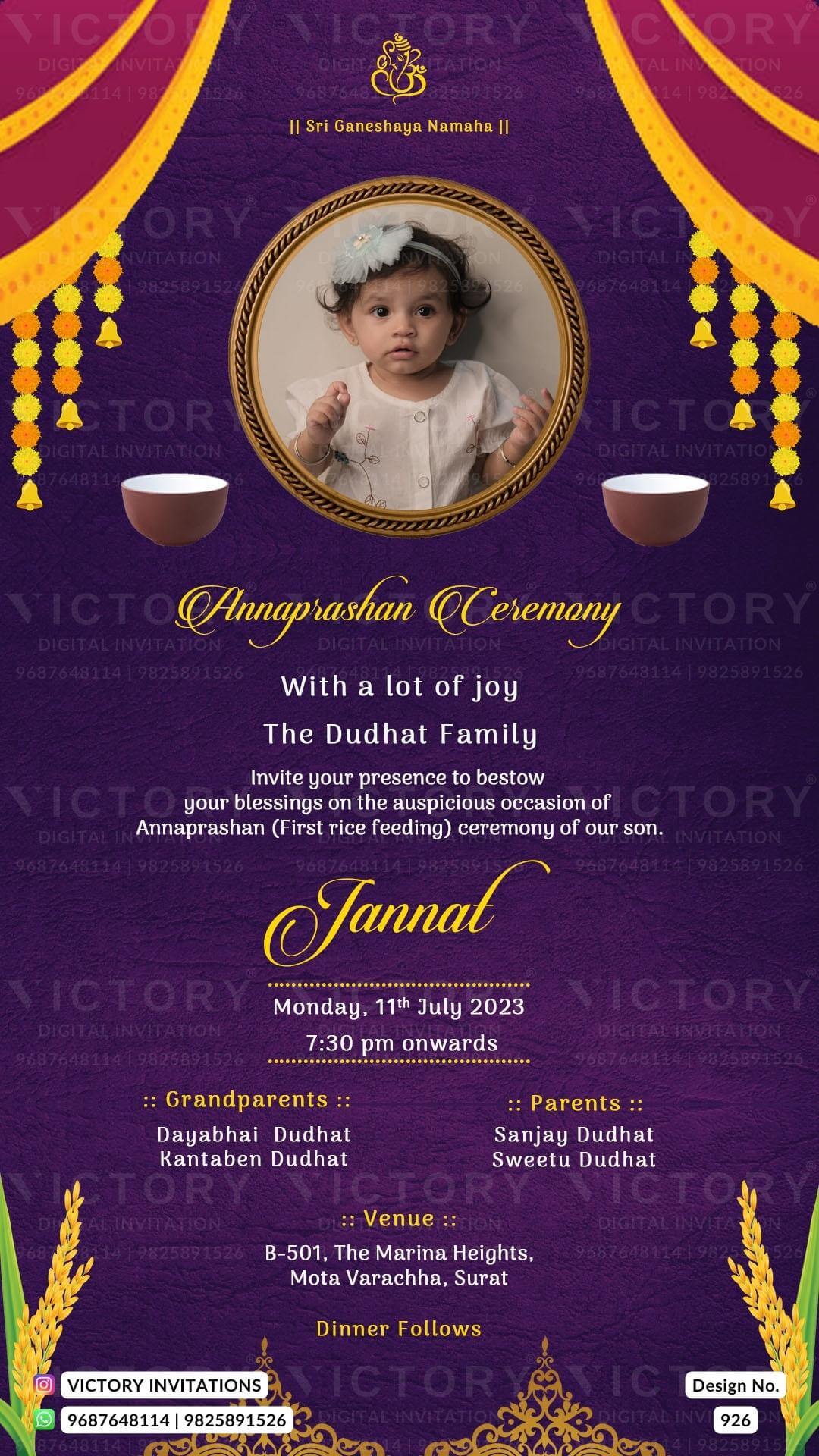Annaprashan ceremony invitation card in english language with baby image, rice leaves as minimalistic theme design 926
