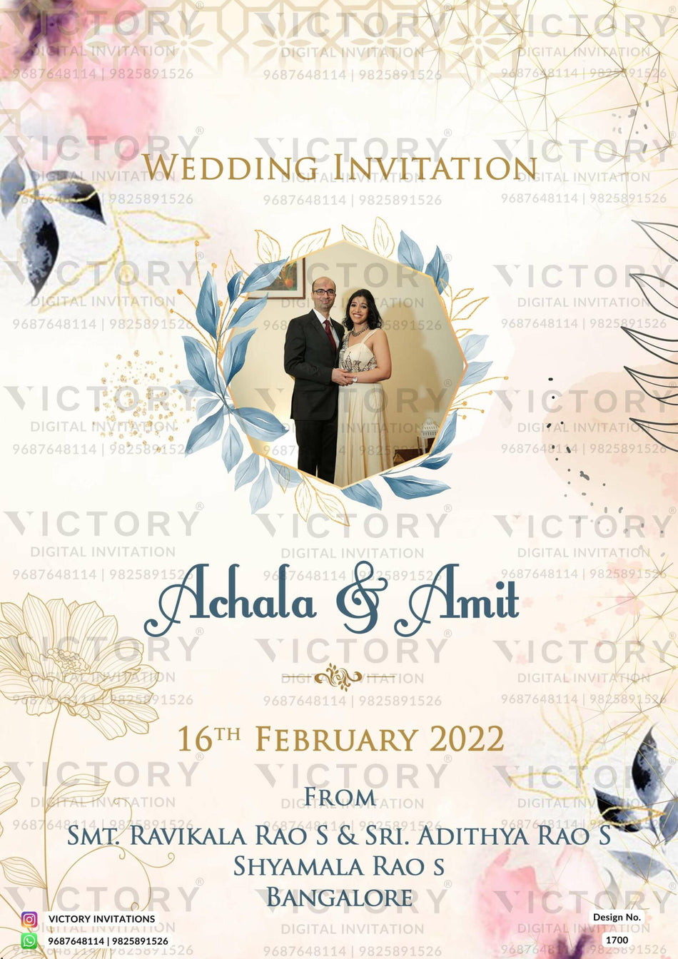 Wedding ceremony invitation card of hindu south indian kannada family in English language with floral couple photo theme design 1700