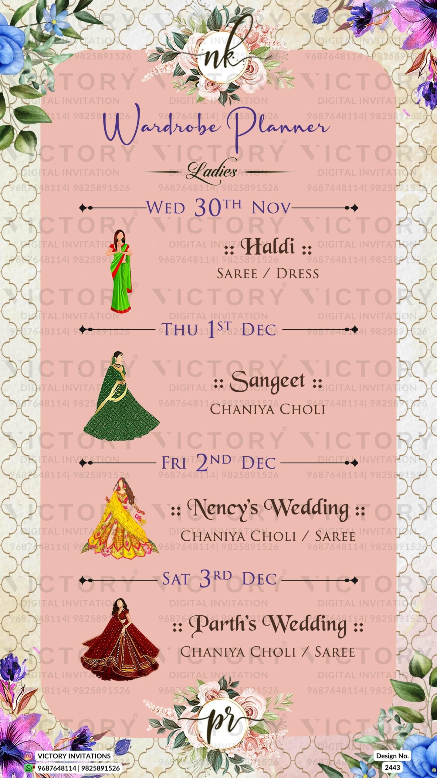 Wardrobe planner invitation card in english language with flowers, doodles as floral theme design 2443