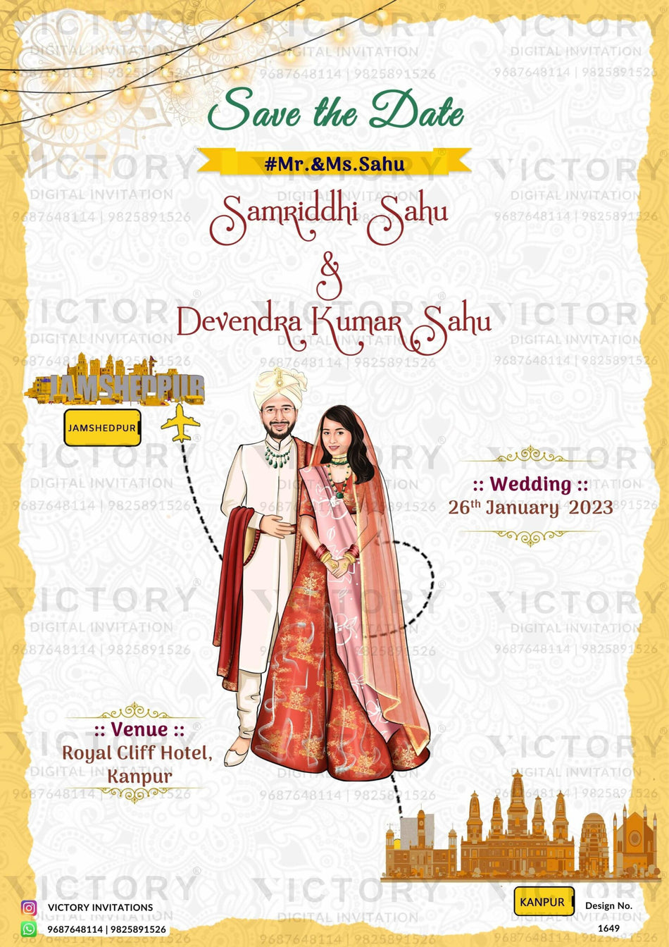 Traditional couple caricature invitation card for wedding ceremony of hindu north indian bhojpuri family in english language with Two state theme design 1649