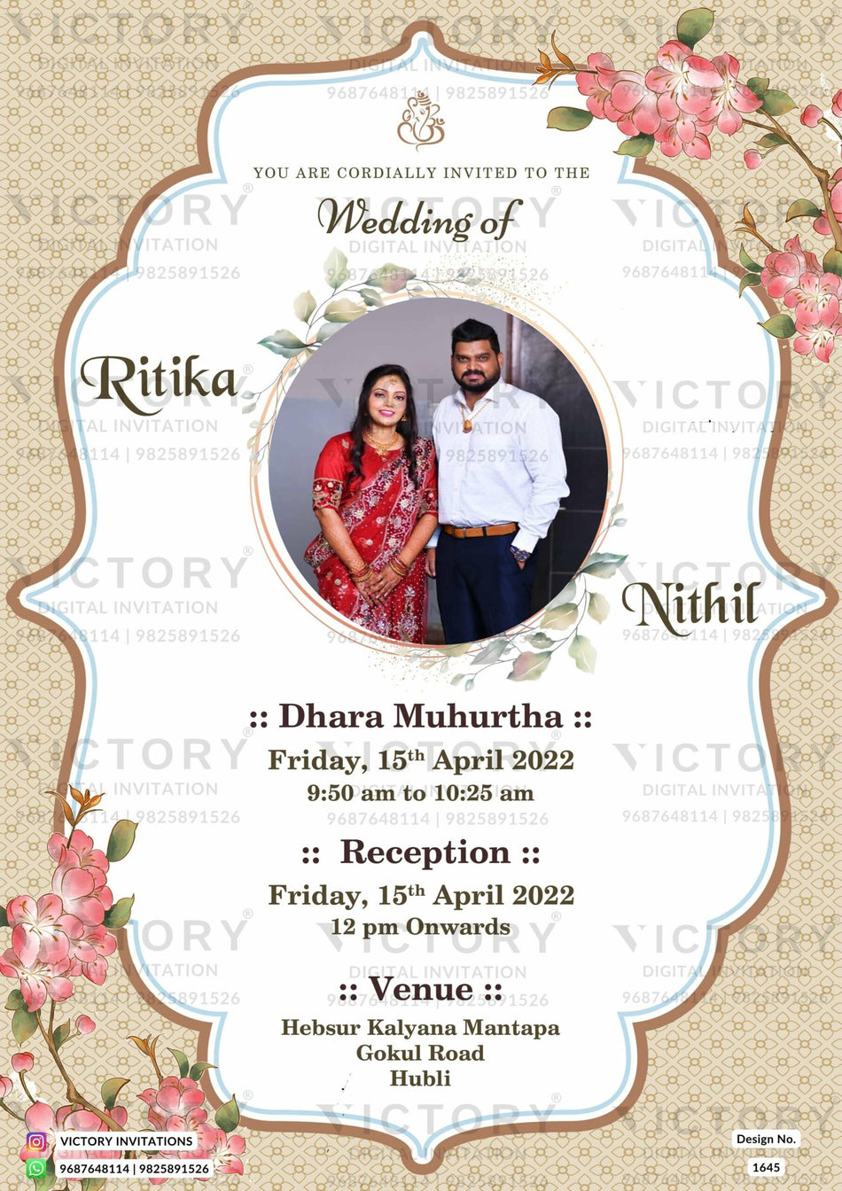 Wedding ceremony invitation card of hindu south indian kannada family in English language with couple photo floral theme design 1645