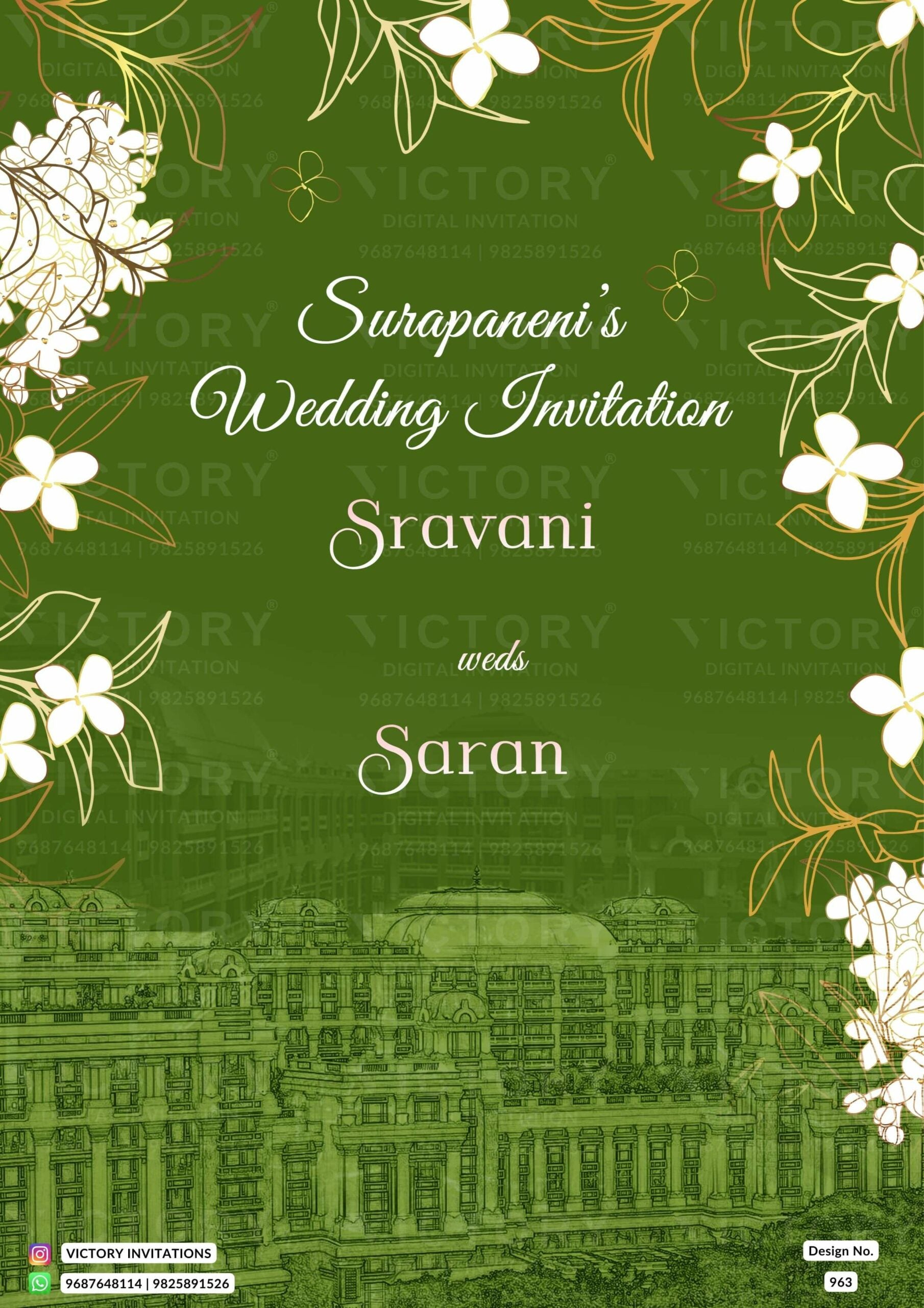 Wedding ceremony invitation card of hindu south indian telugu family in English language with traditional theme design 963