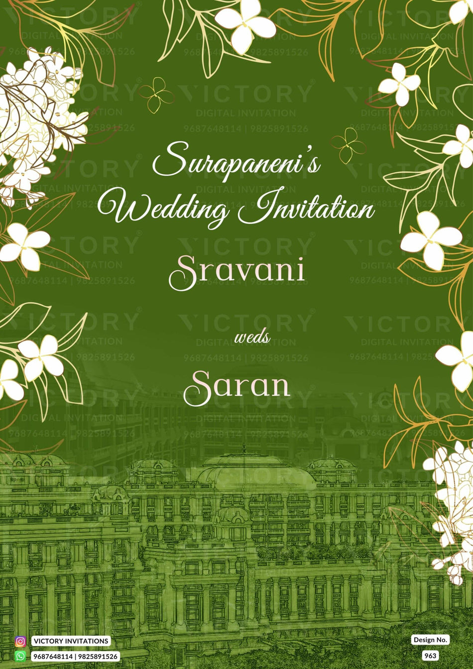 Wedding ceremony invitation card of hindu south indian telugu family in English language with traditional theme design 963