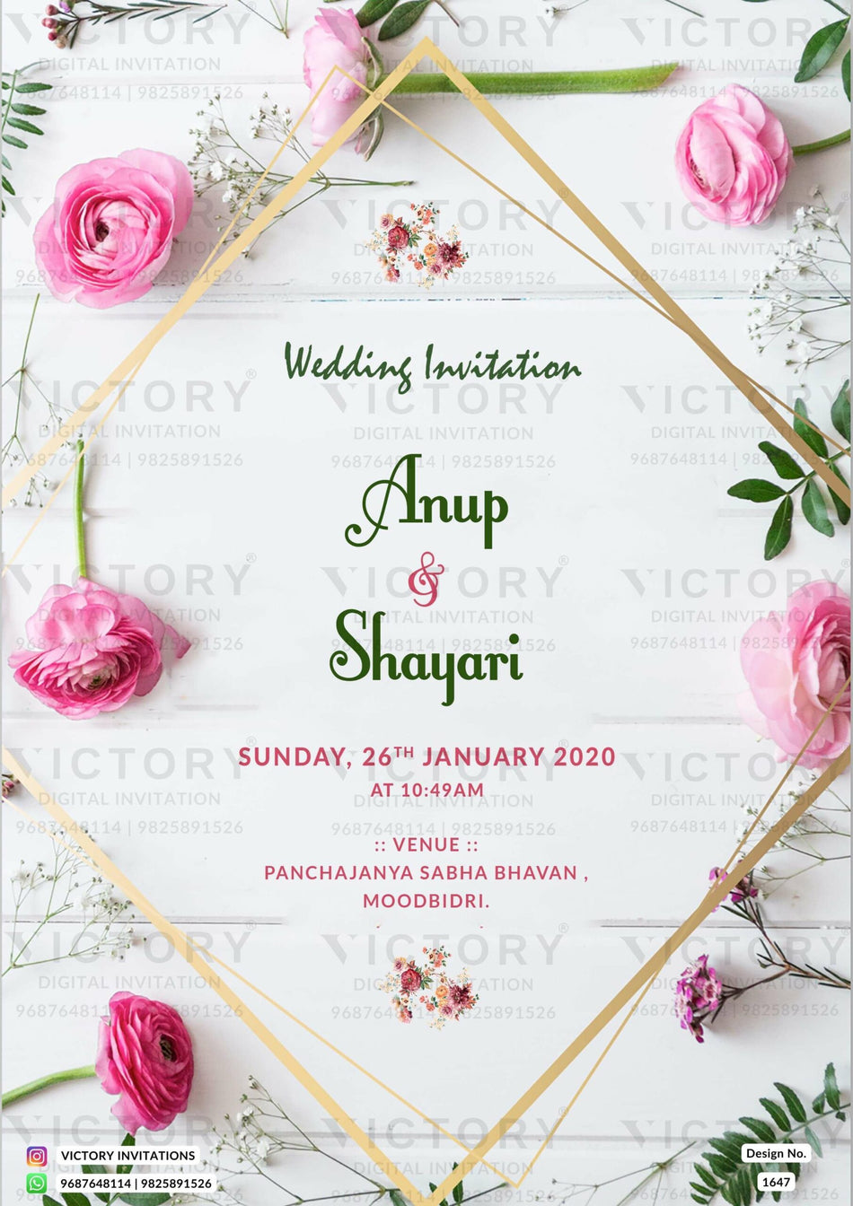 Wedding ceremony invitation card of hindu south indian kannada family in English language with floral theme design 1647