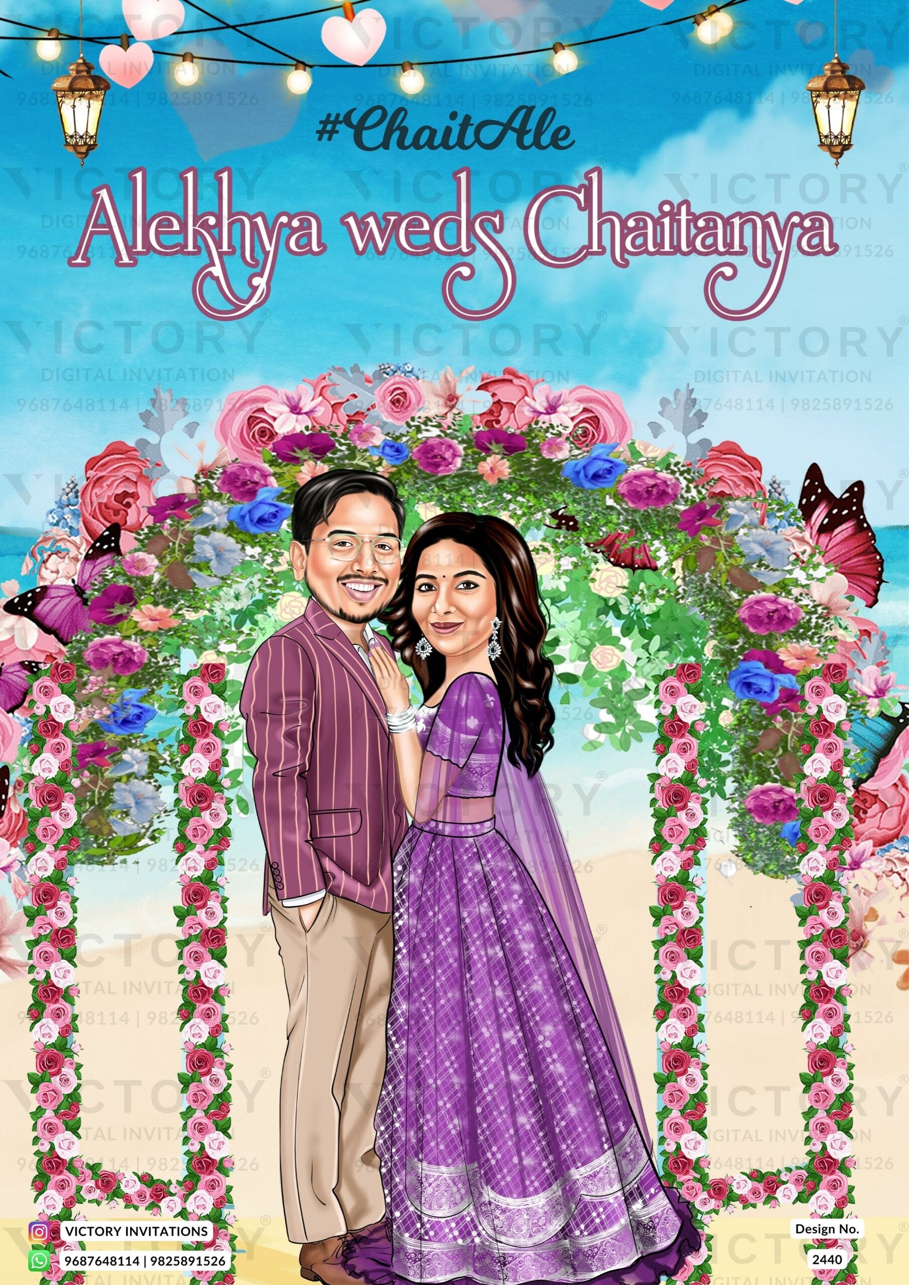 Romantic couple caricature invitation card for wedding ceremony of hindu south indian telugu family in english language with Beach theme design 2440