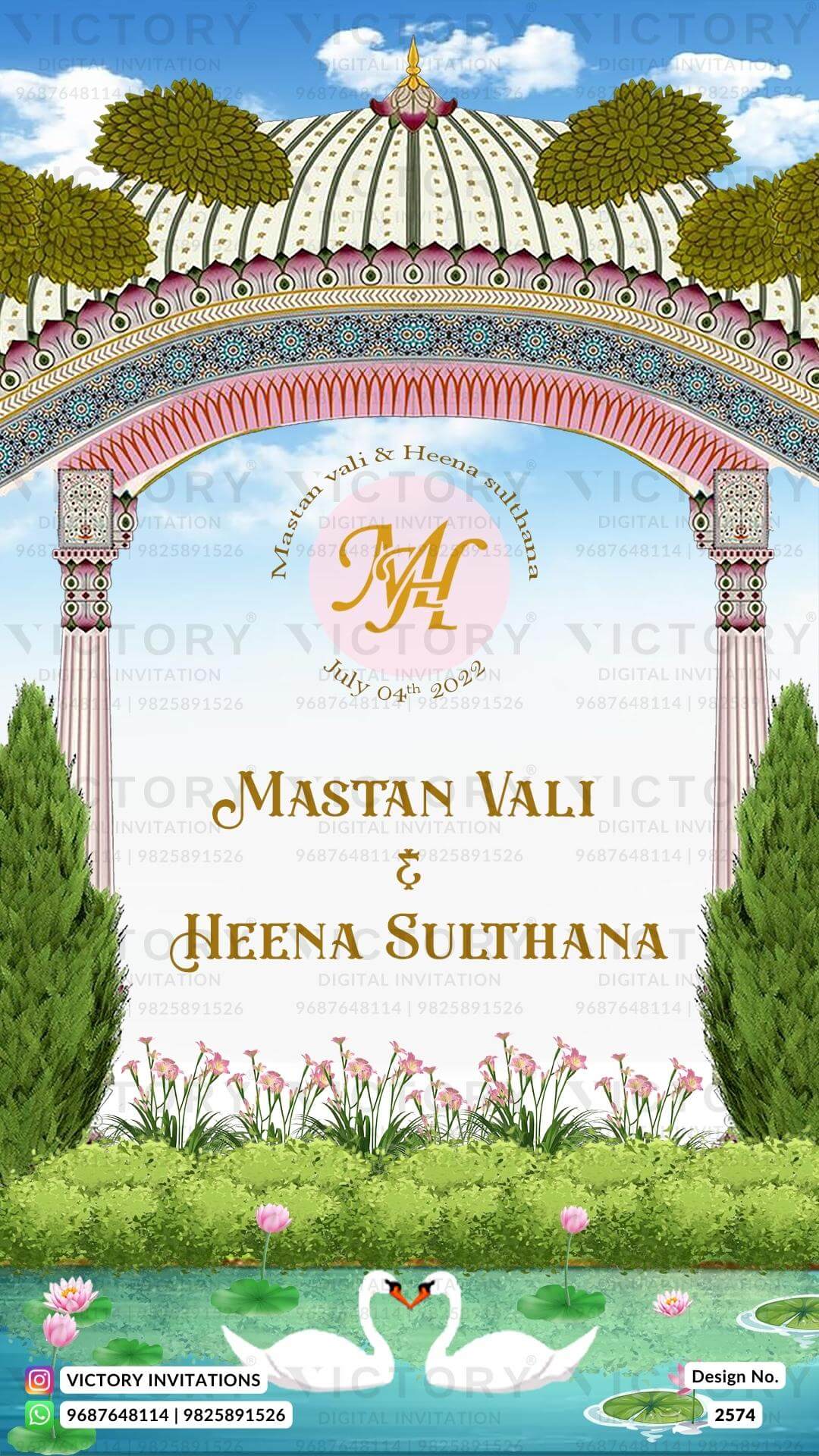 Stylish couple caricature invitation card for wedding ceremony of hindu south indian telugu family in english language with Garden Nigh theme design 2574