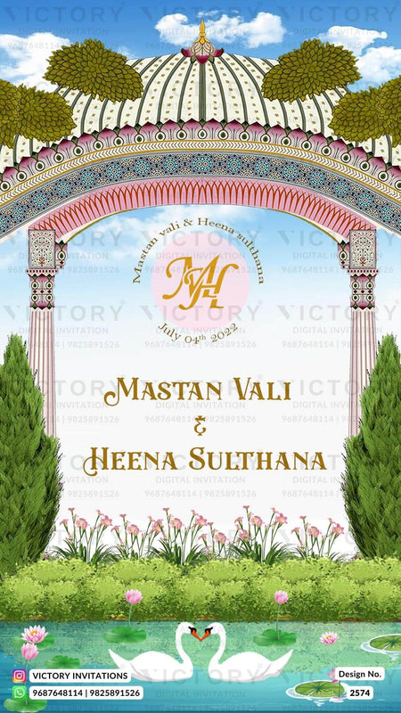 Stylish couple caricature invitation card for wedding ceremony of hindu south indian telugu family in english language with Garden Nigh theme design 2574