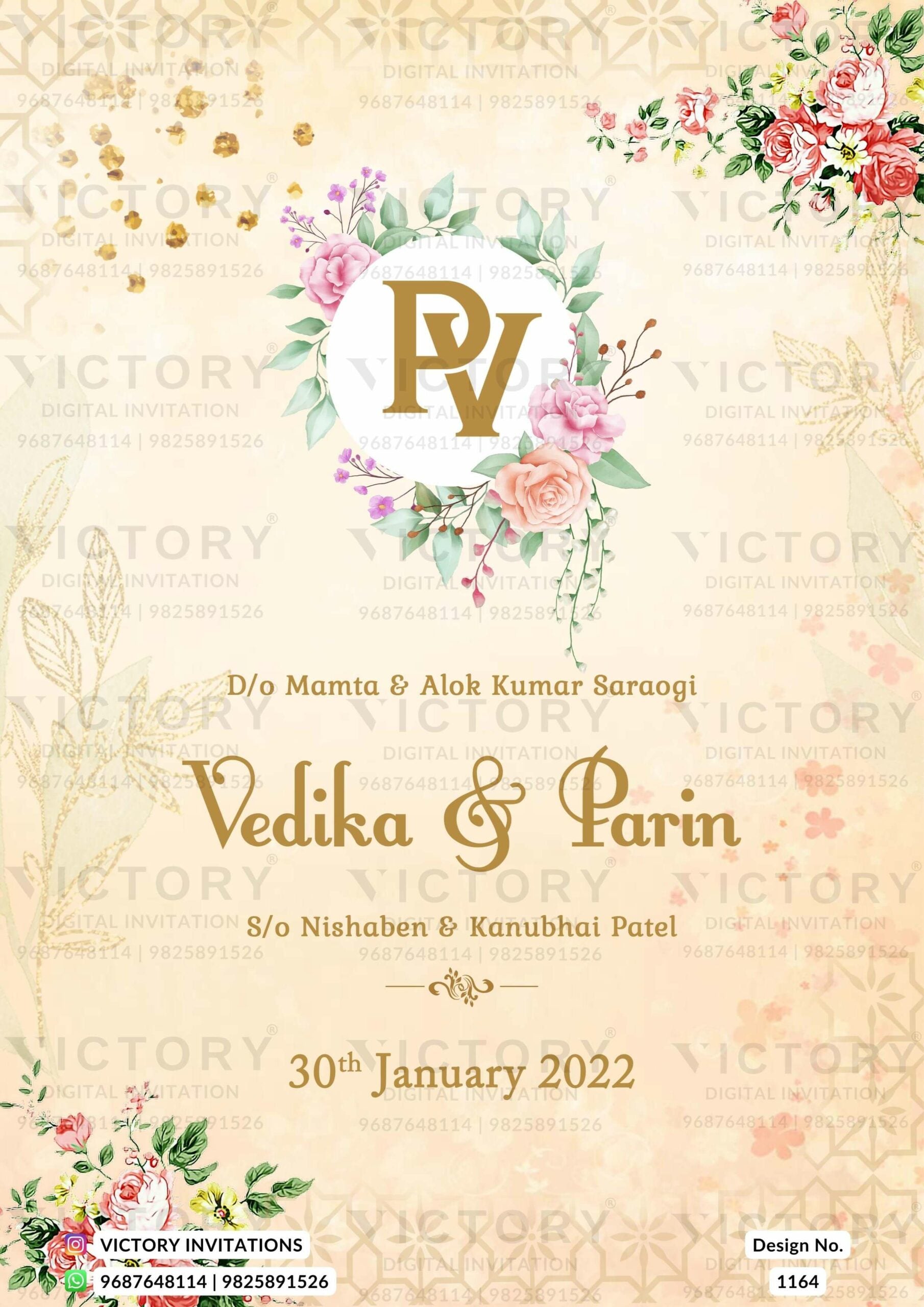 Pastel and Vibrant Shaded Whimsical and Vintage Theme Indian Digital Wedding Cards with Wedding Doodles and Couple Caricature Illustrations, Design no. 1164