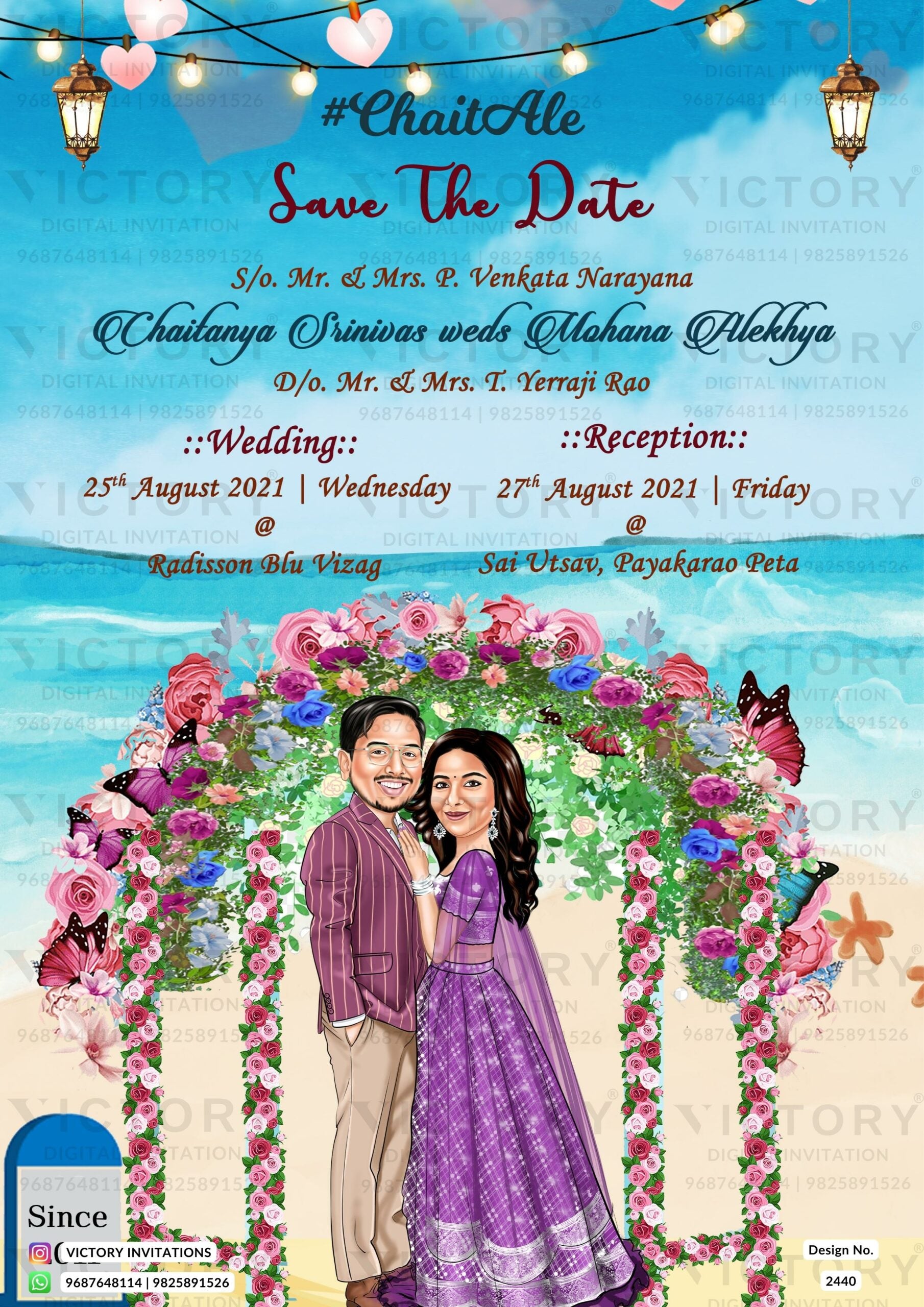 A Mesmerizing Digital Wedding Invitation with a Captivating Beach Theme, featuring a Charming Caricature of the Lovely Couple and All the Essential Details for an Unforgettable Indian Hindu Wedding Celebration. Design no. 2440