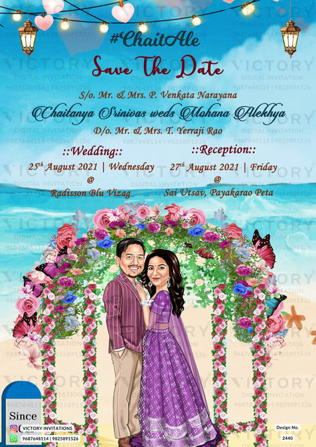 A Mesmerizing Digital Wedding Invitation with a Captivating Beach Theme, featuring a Charming Caricature of the Lovely Couple and All the Essential Details for an Unforgettable Indian Hindu Wedding Celebration. Design no. 2440