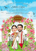 Stylish couple caricature invitation card for Save the Date in English language with leaves, flowers, birds as Garden theme design 2