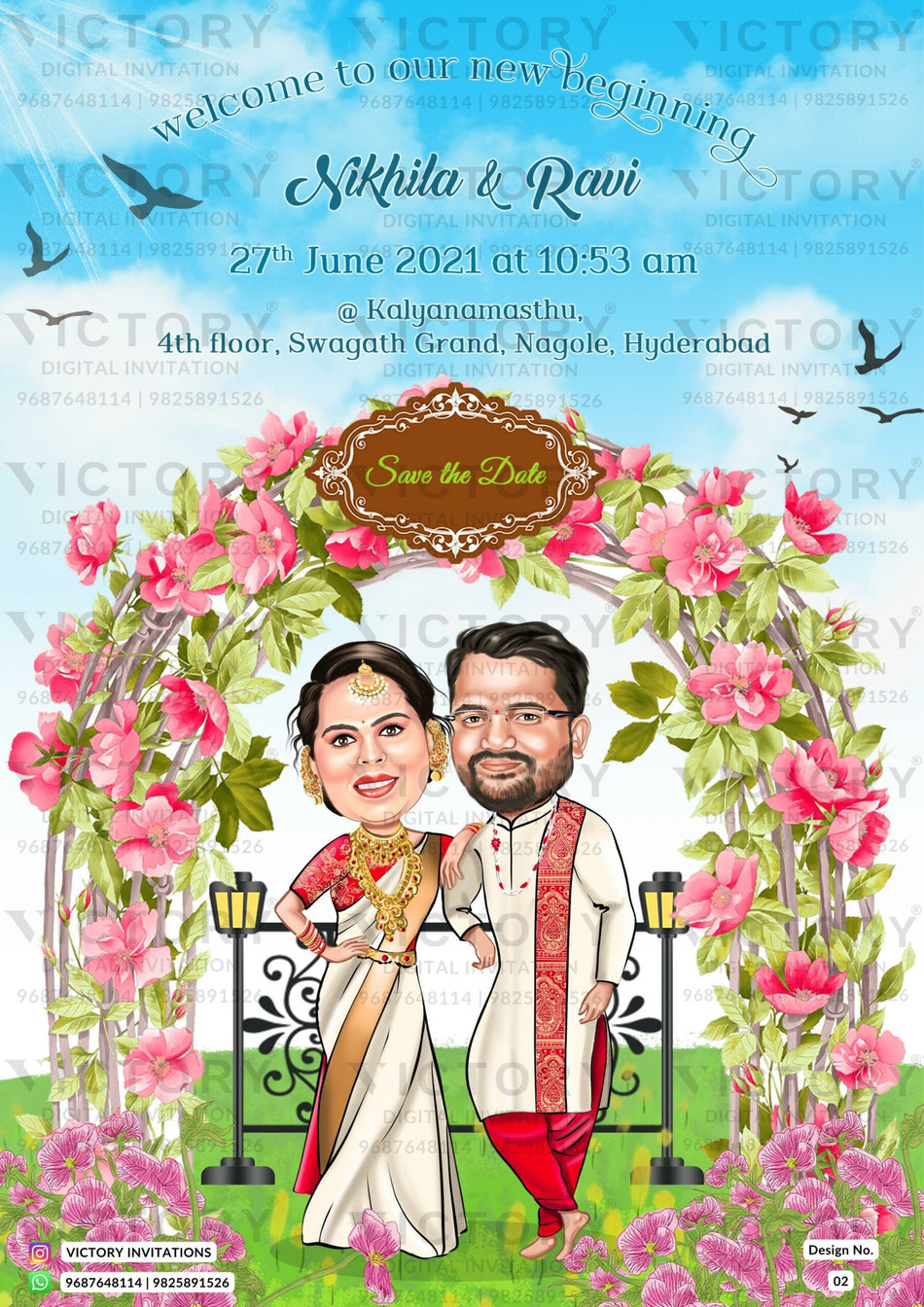 Stylish couple caricature invitation video for Save the Date in English language with leaves, flowers, birds as Garden theme design 2 