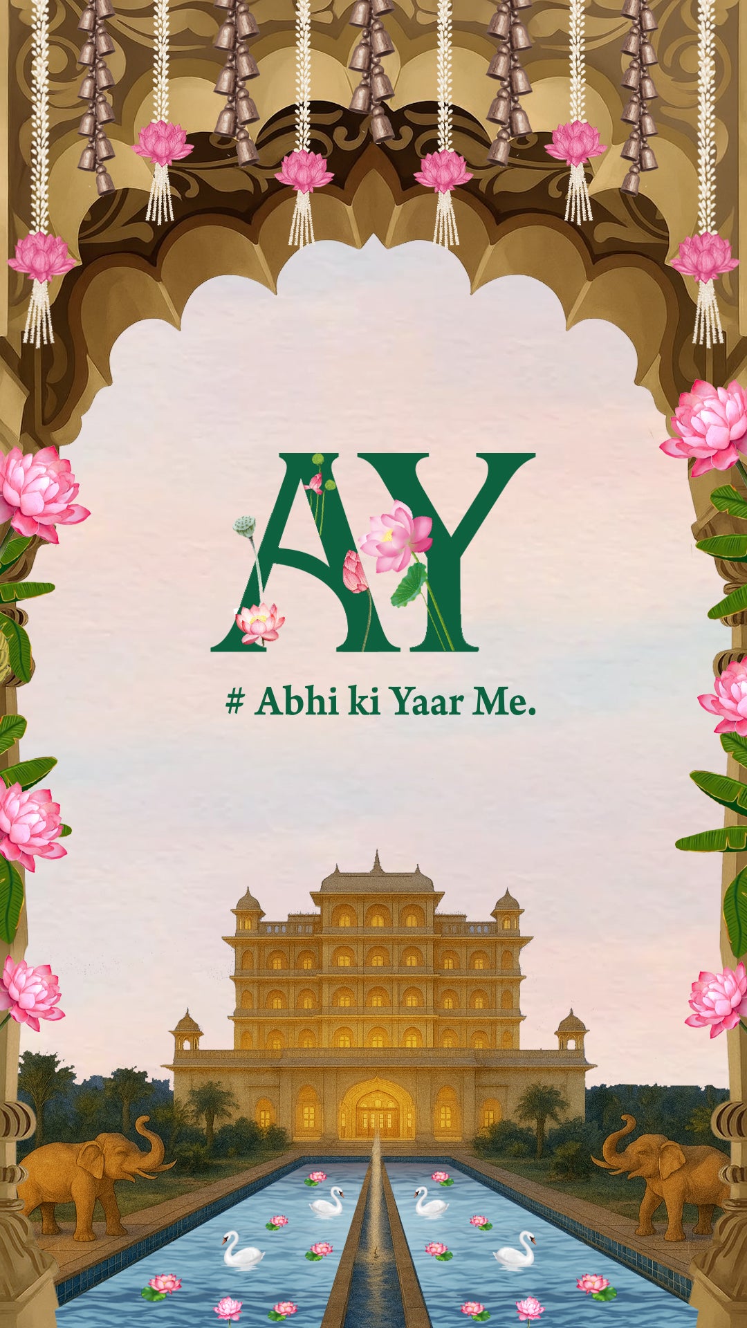 A decorative digital graphic with the text 'AY' and '# Abhi ki Yaar Me.' in the center, framed by pink lotus flowers and hanging tassels.