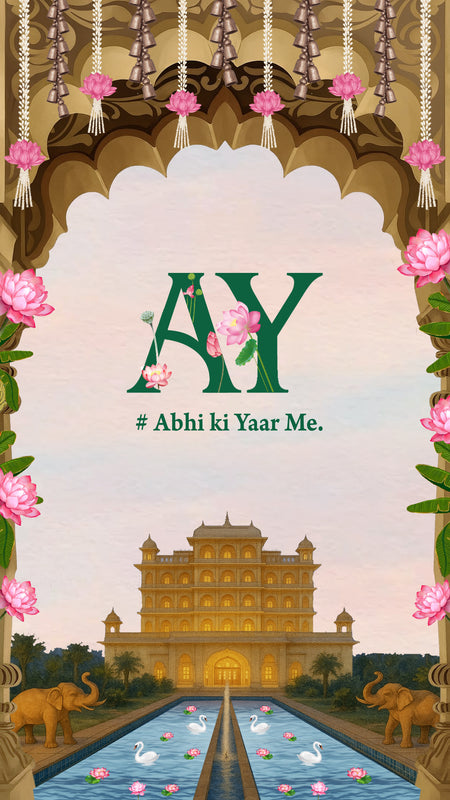A decorative digital graphic with the text 'AY' and '# Abhi ki Yaar Me.' in the center, framed by pink lotus flowers and hanging tassels.