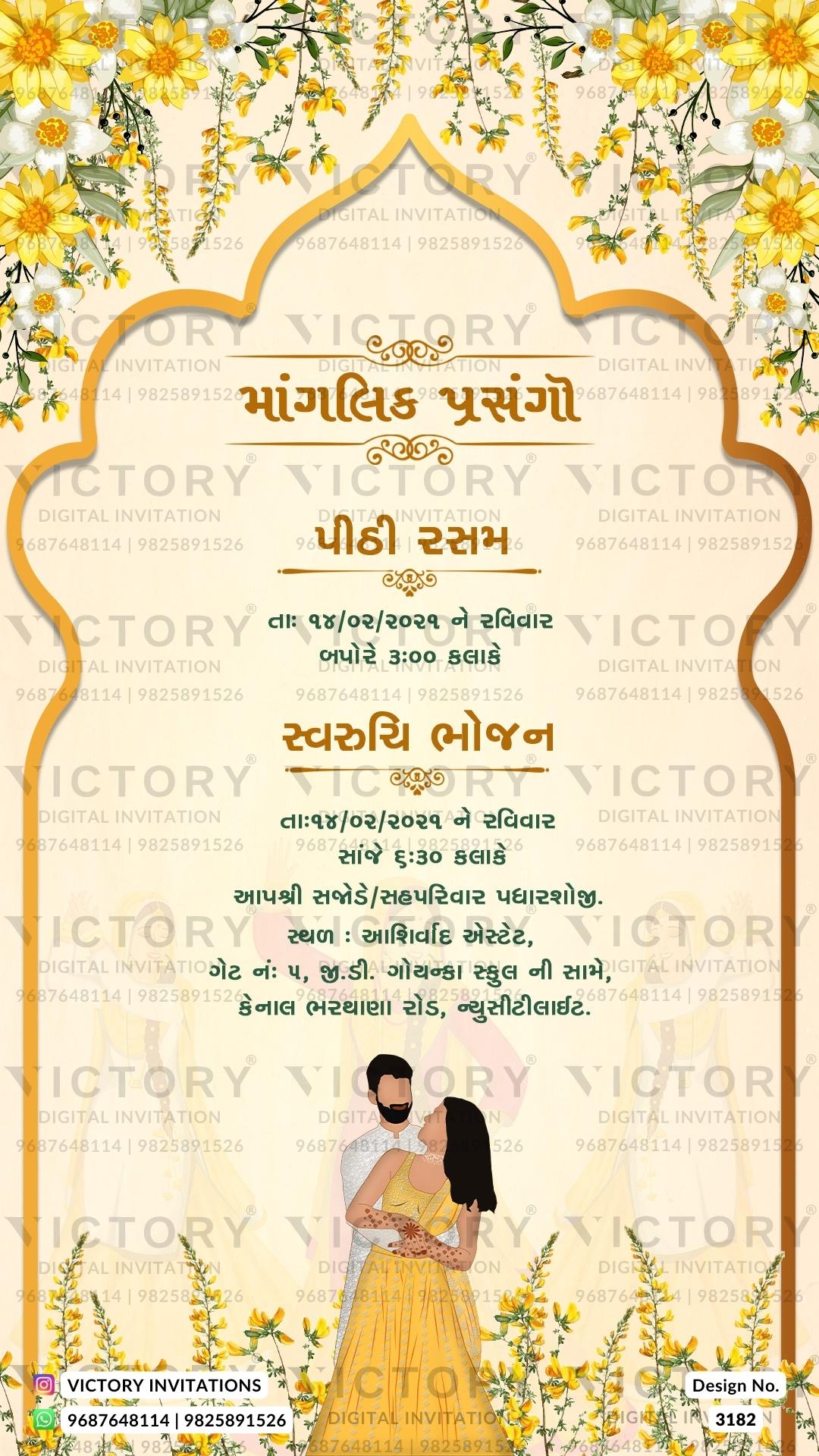 A Mesmerizing Wedding Invitation Unveiling a vintage of Colors, Ganesha's Motif, Couple's doodles, an Arch, and Floral Splendor, Design no.3182