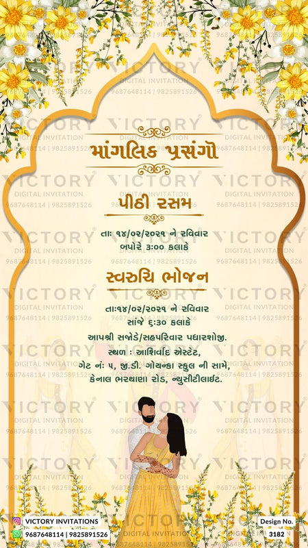 A Mesmerizing Wedding Invitation Unveiling a vintage of Colors, Ganesha's Motif, Couple's doodles, an Arch, and Floral Splendor, Design no.3182