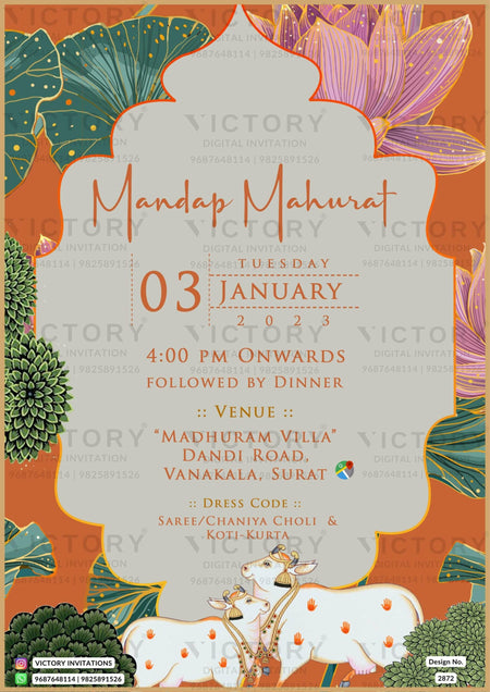 A Digital Wedding Ceremony Invitation Cards in Vibrant Hues with pink Lotus illustrating with couple's logo. Design no. 2872