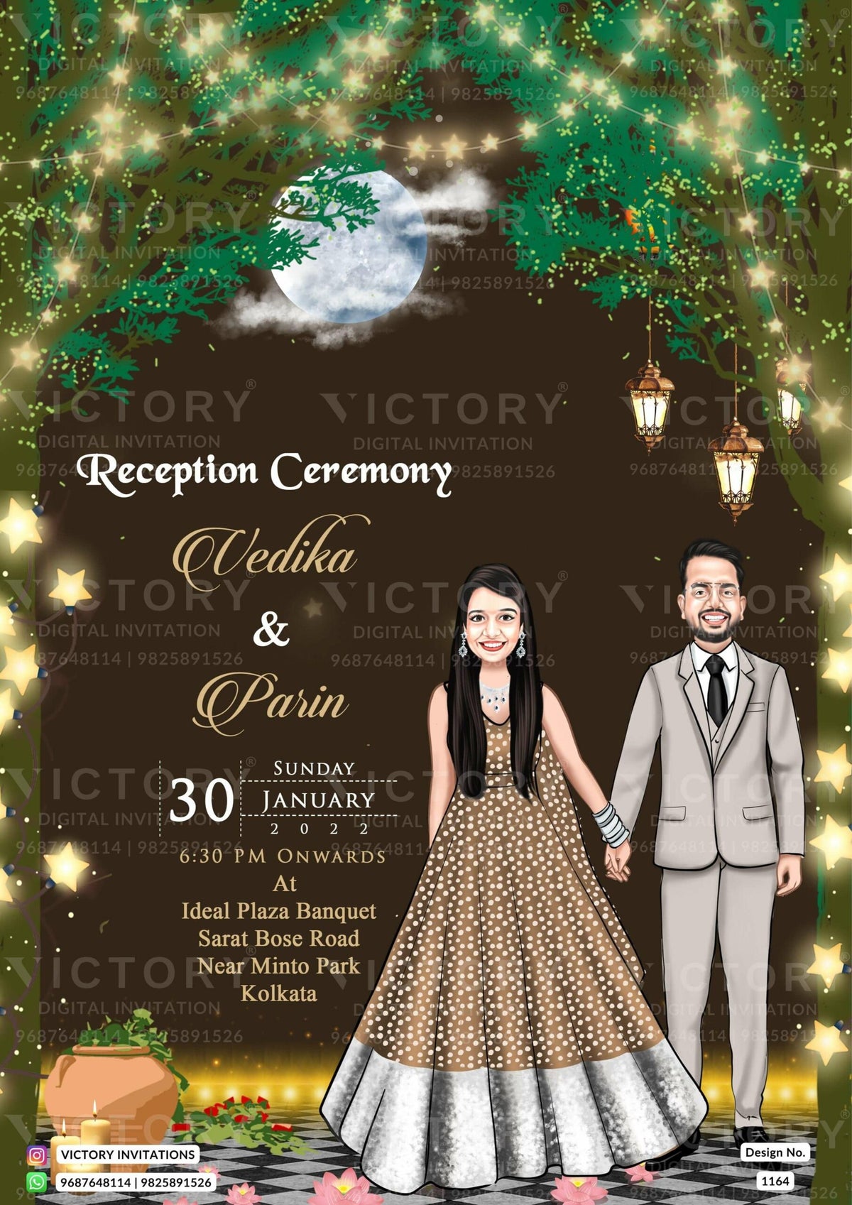 Pastel and Vibrant Shaded Whimsical and Vintage Theme Indian Digital Wedding Cards with Wedding Doodles and Couple Caricature Illustrations, Design no. 1164