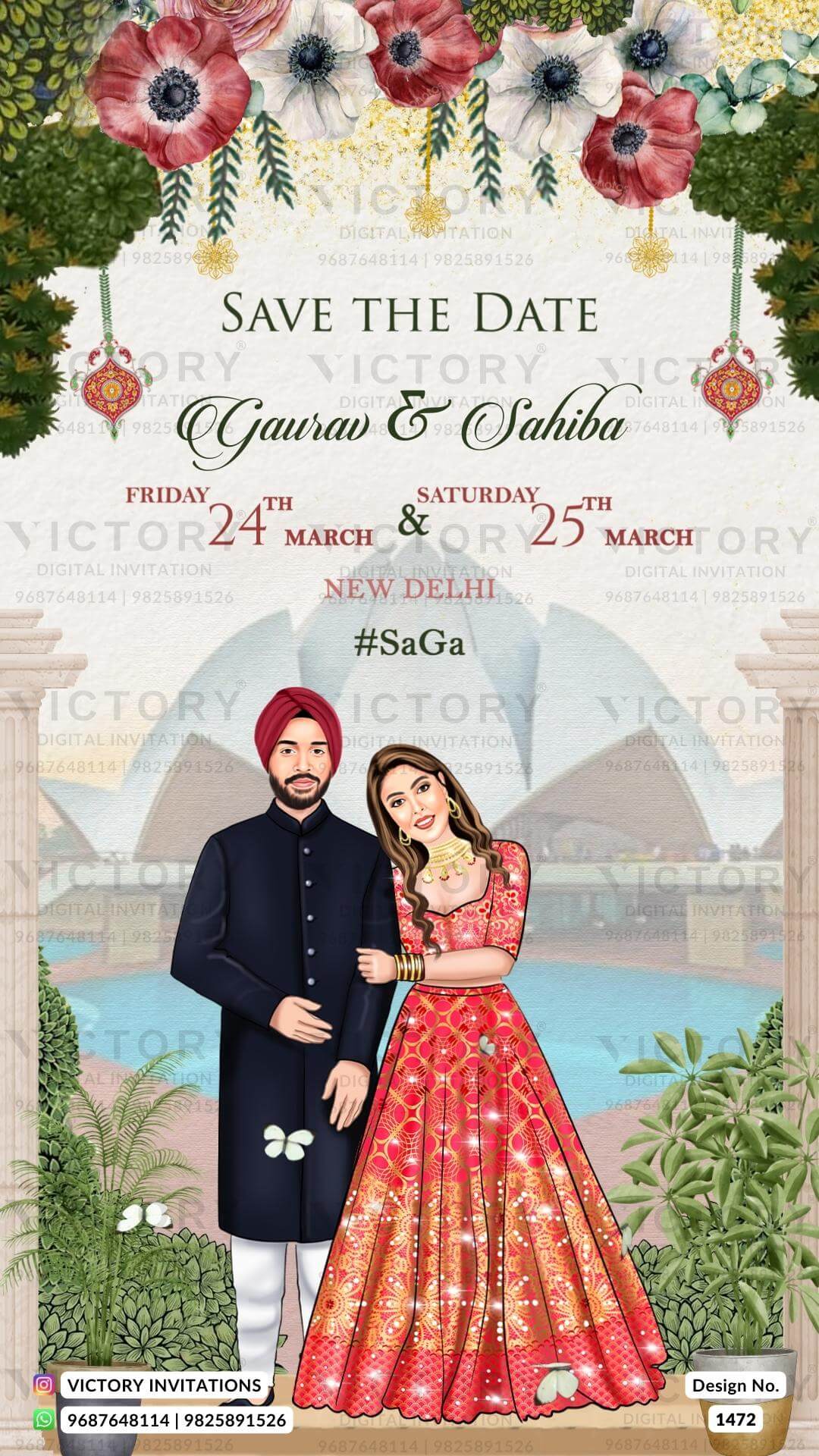 stylish couple caricature invitation card for Save the Date in english language with boat, flowers as traditional theme design 1472